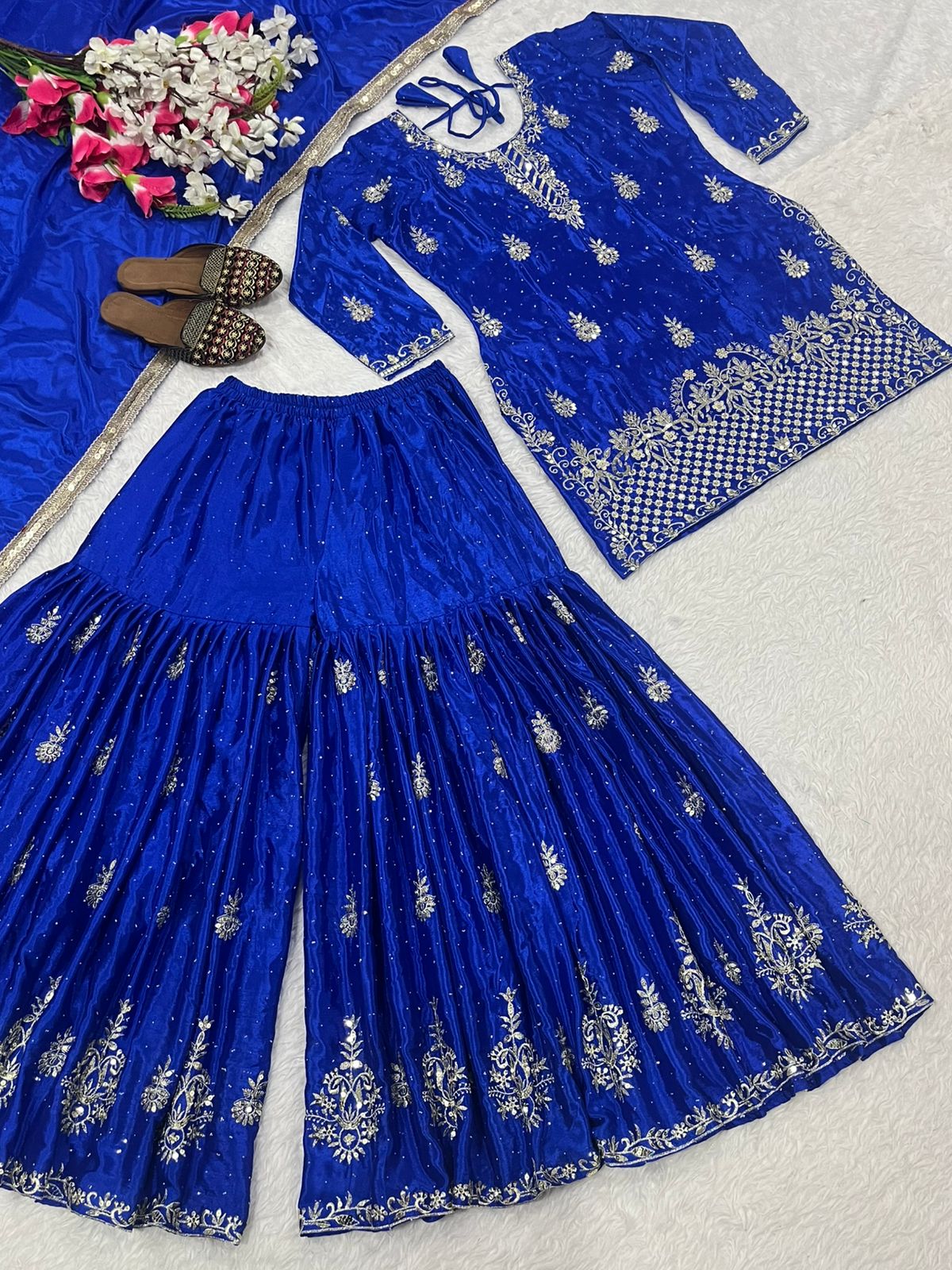 Designer Party Wear Look Top , Sharara Plazzo And Dupatta