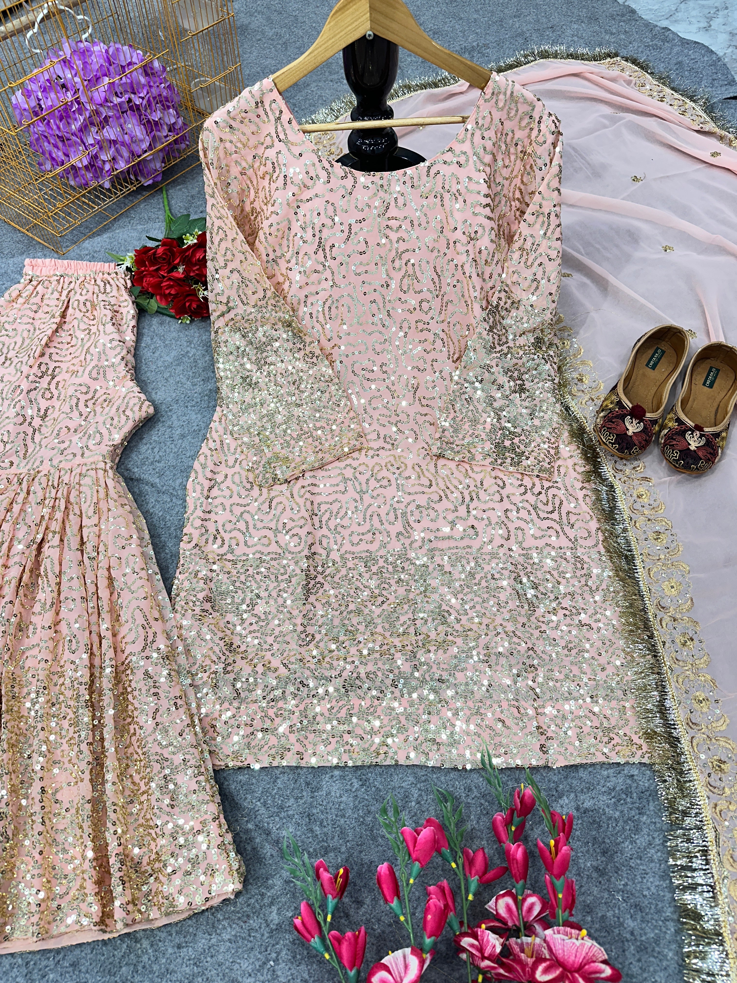 Designer Party Wear Look Top And Sharara With Fancy Dupatta