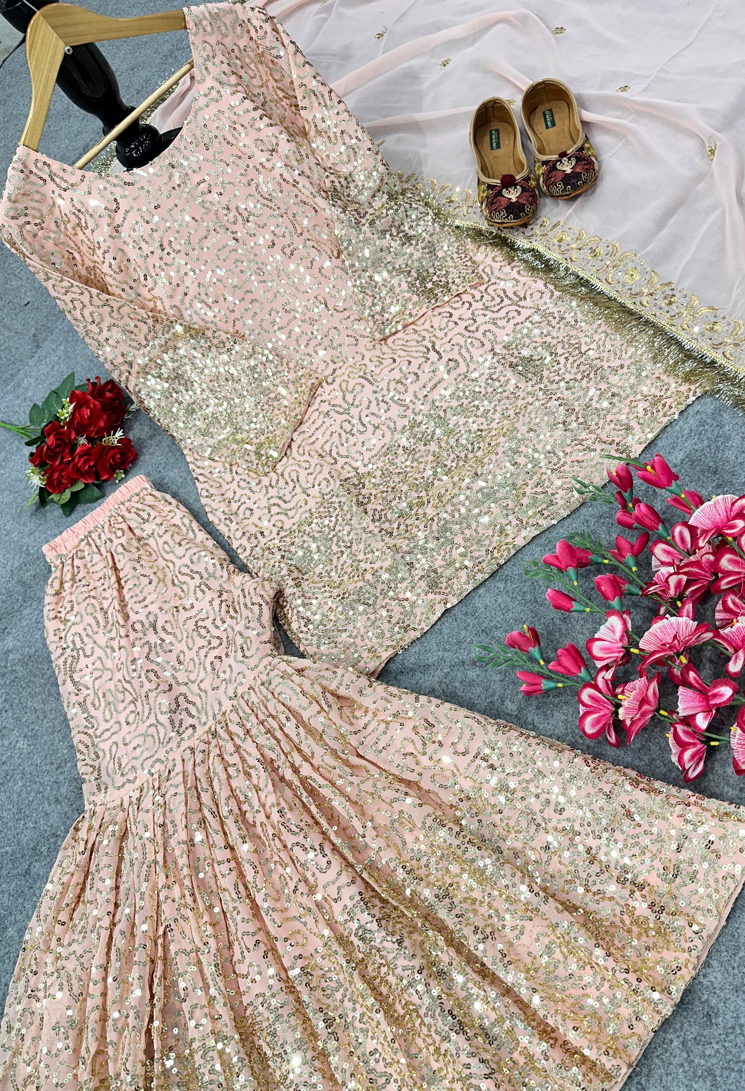 Designer Party Wear Look Top And Sharara With Fancy Dupatta