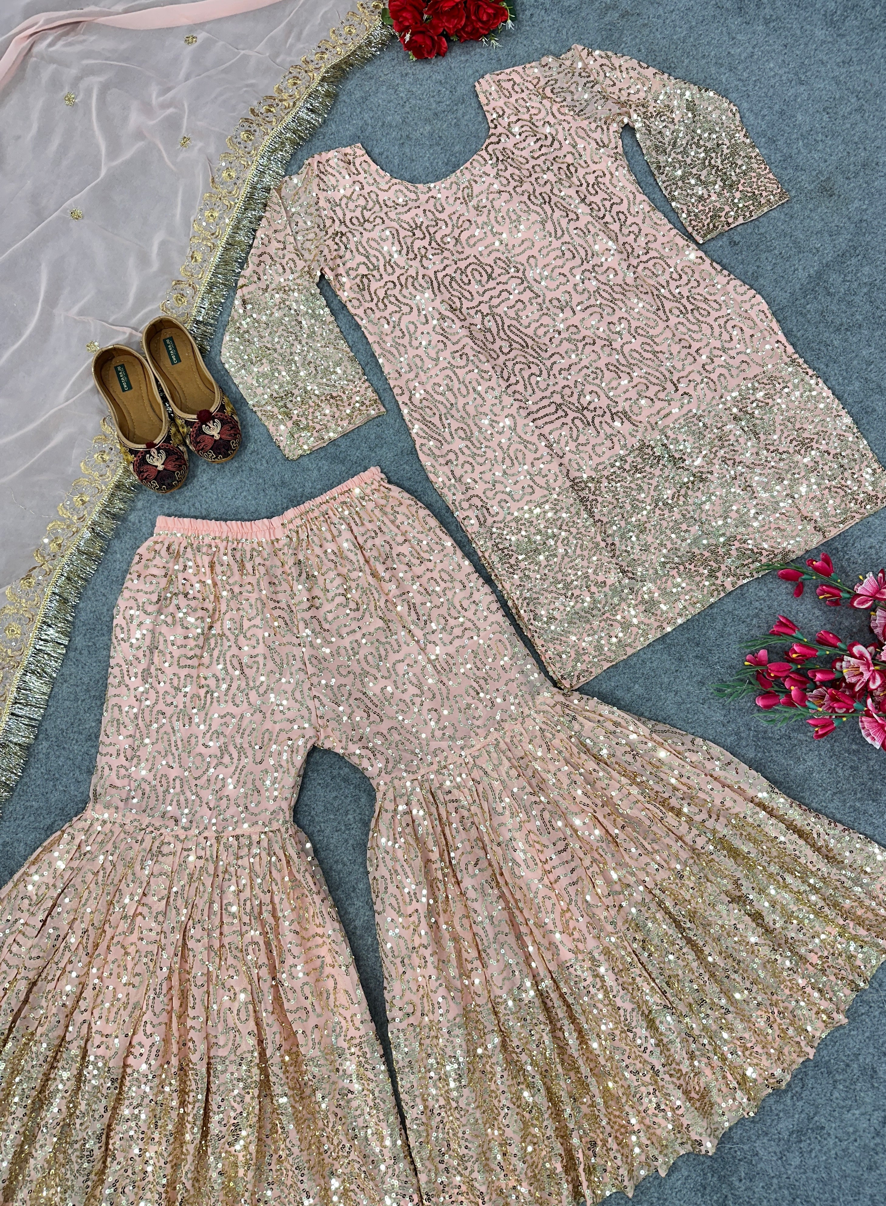 Designer Party Wear Look Top And Sharara With Fancy Dupatta