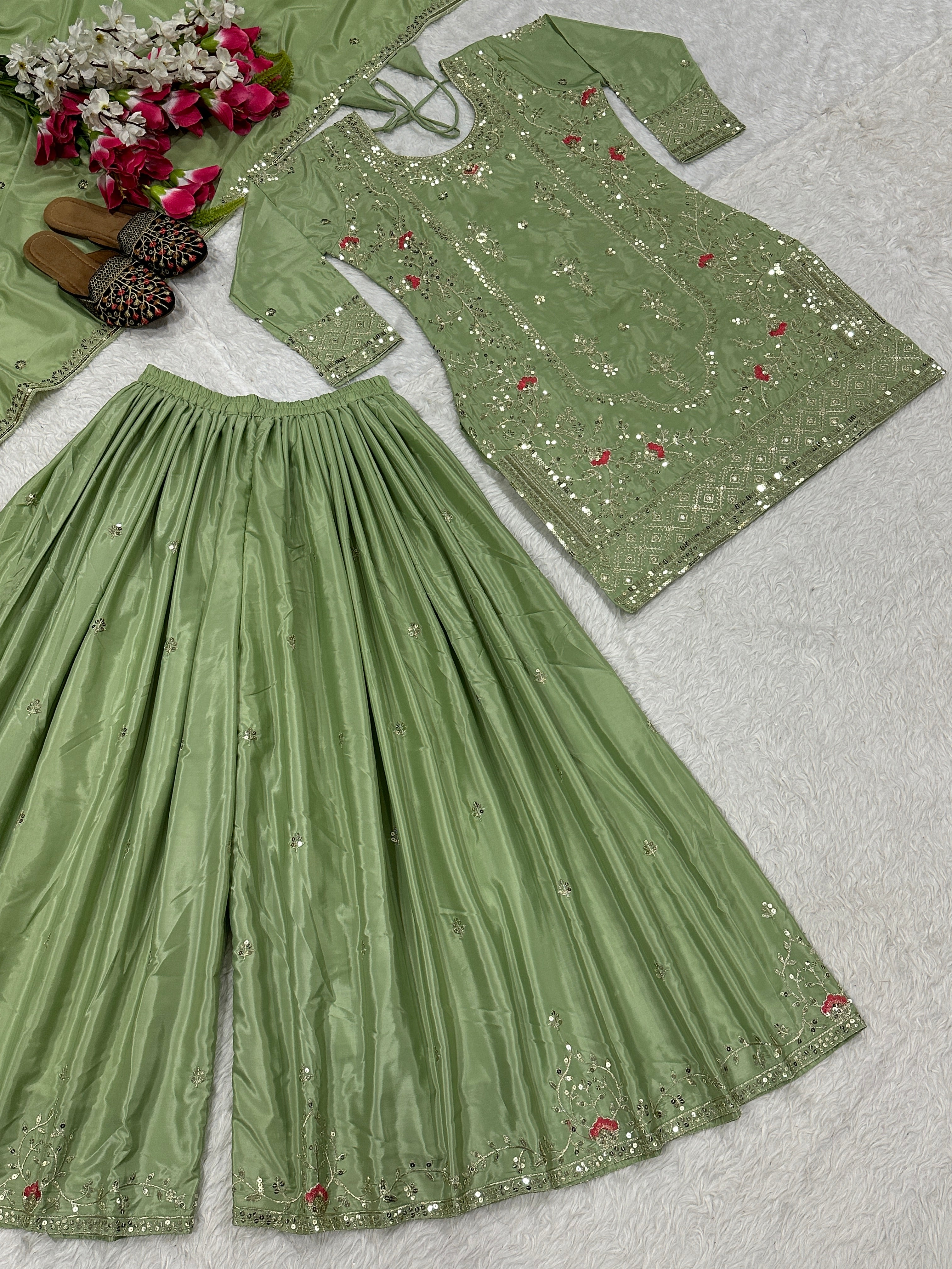 Designer Party Wear Look Top , Sharara Plazzo And Dupatta