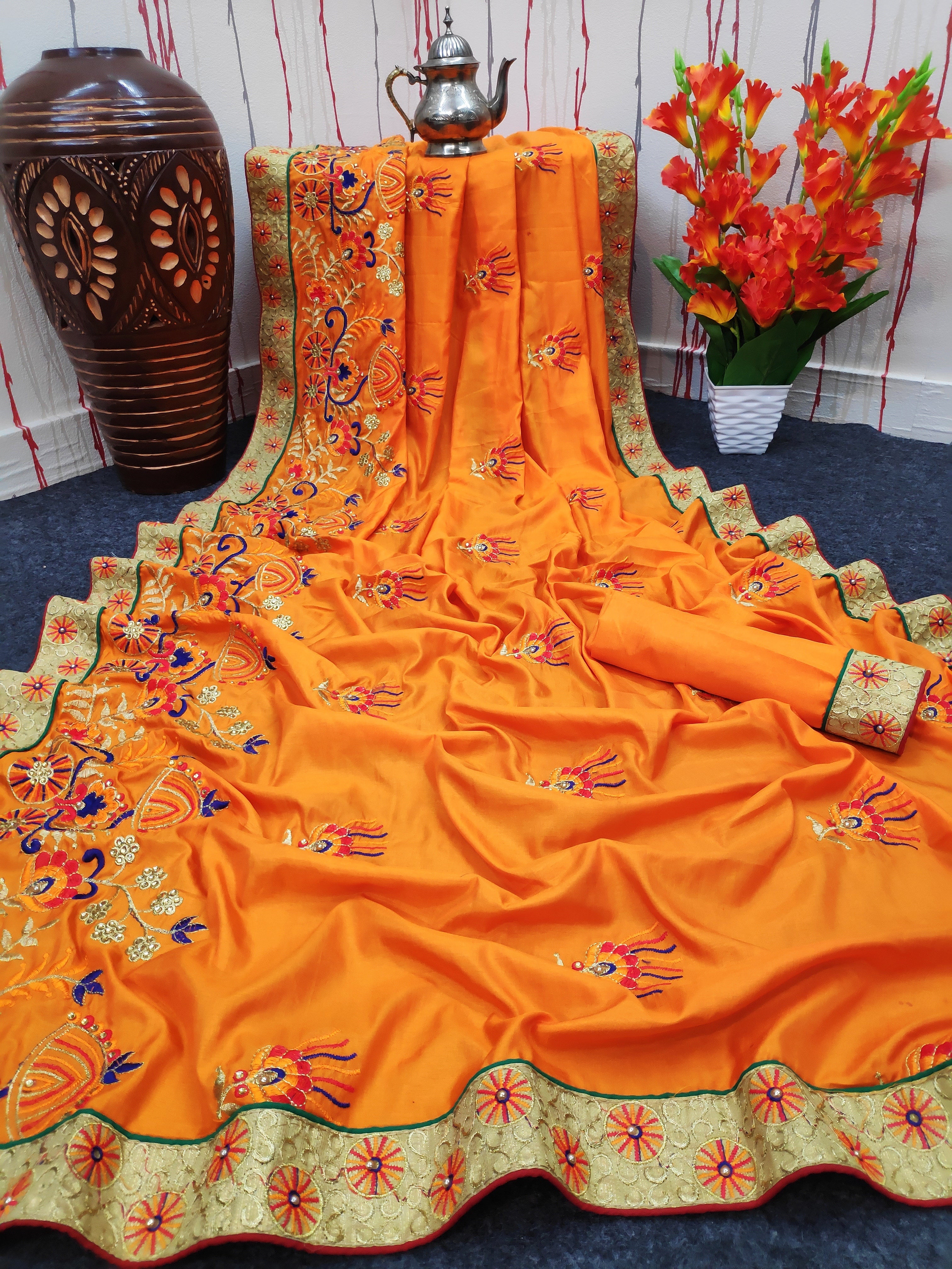 Beautiful Saree With Embroidery Work With Flower Design Print Work