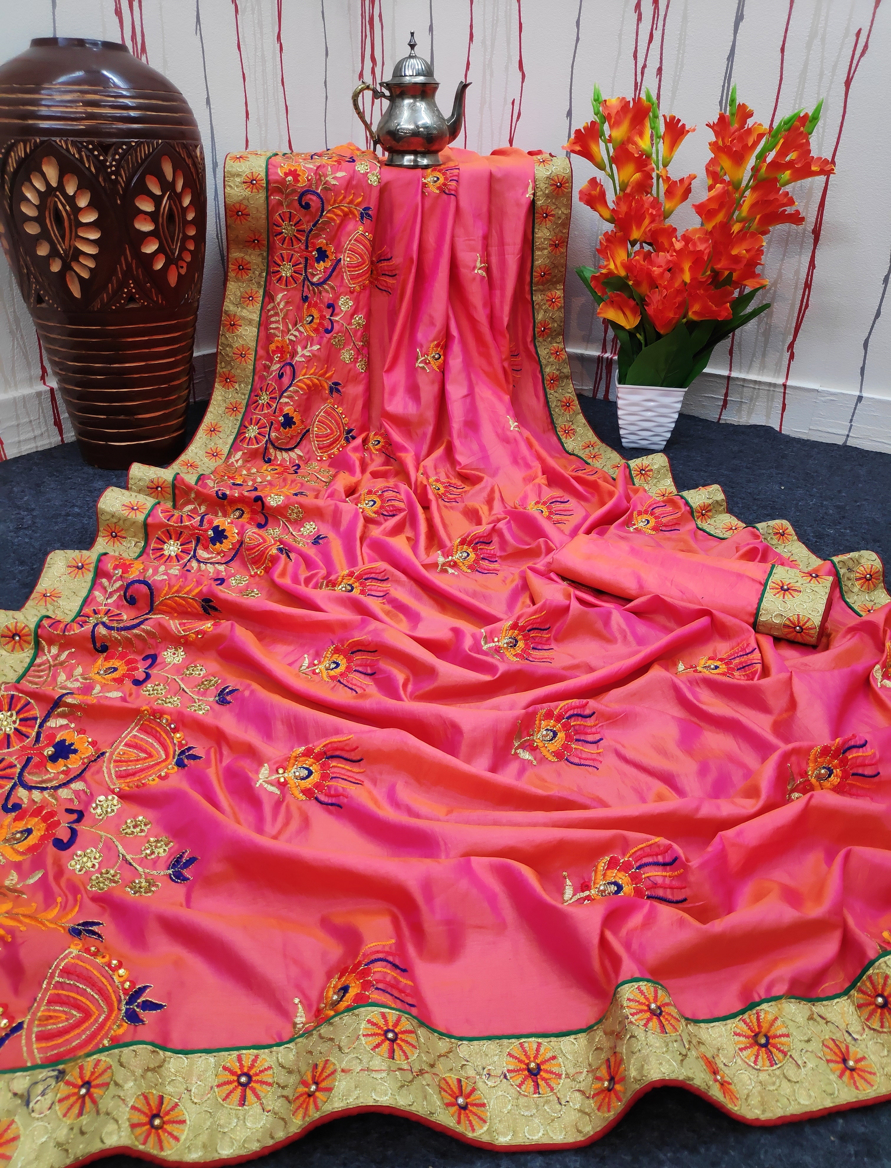 Beautiful Saree With Embroidery Work With Flower Design Print Work