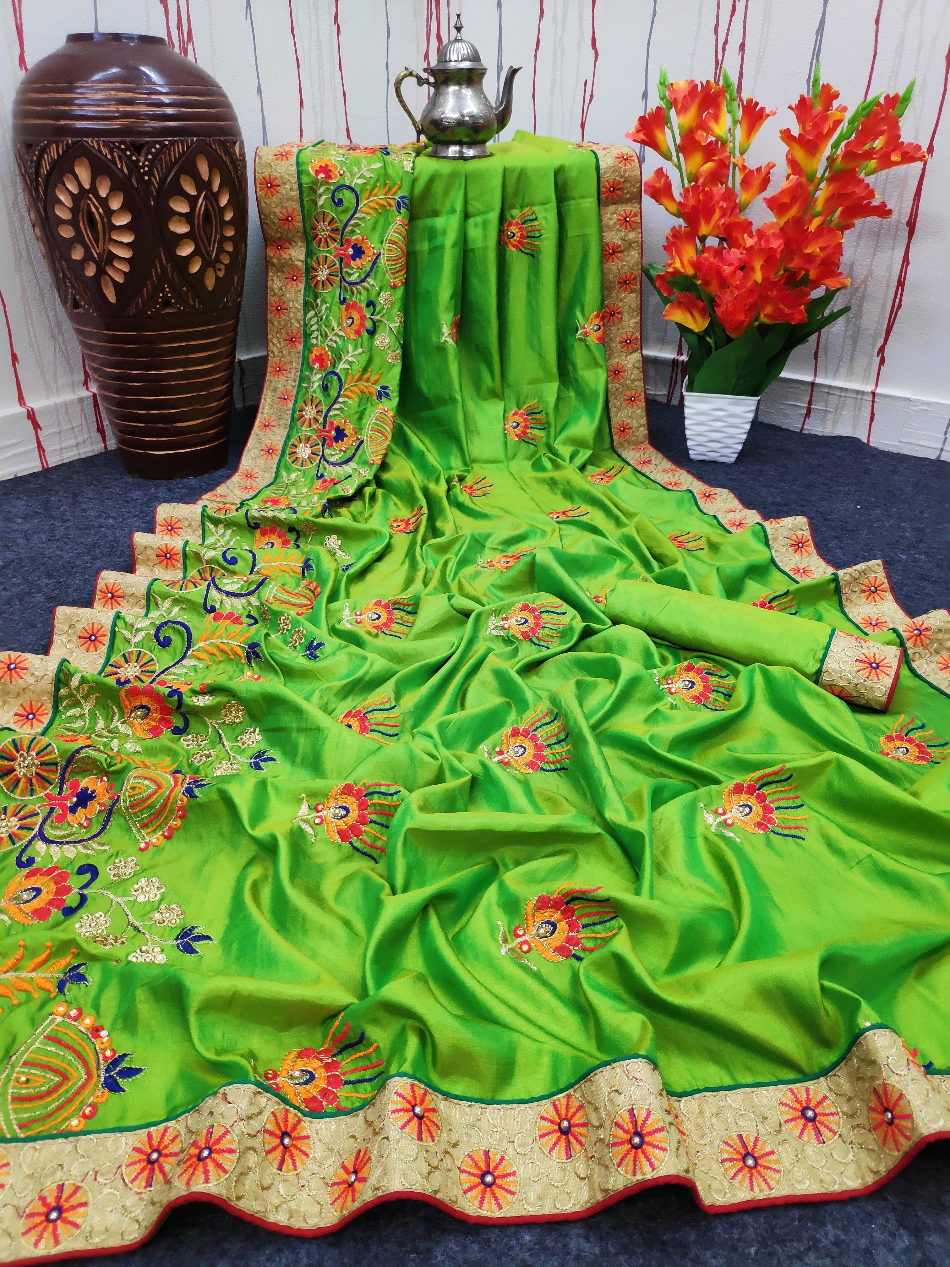 Beautiful Saree With Embroidery Work With Flower Design Print Work