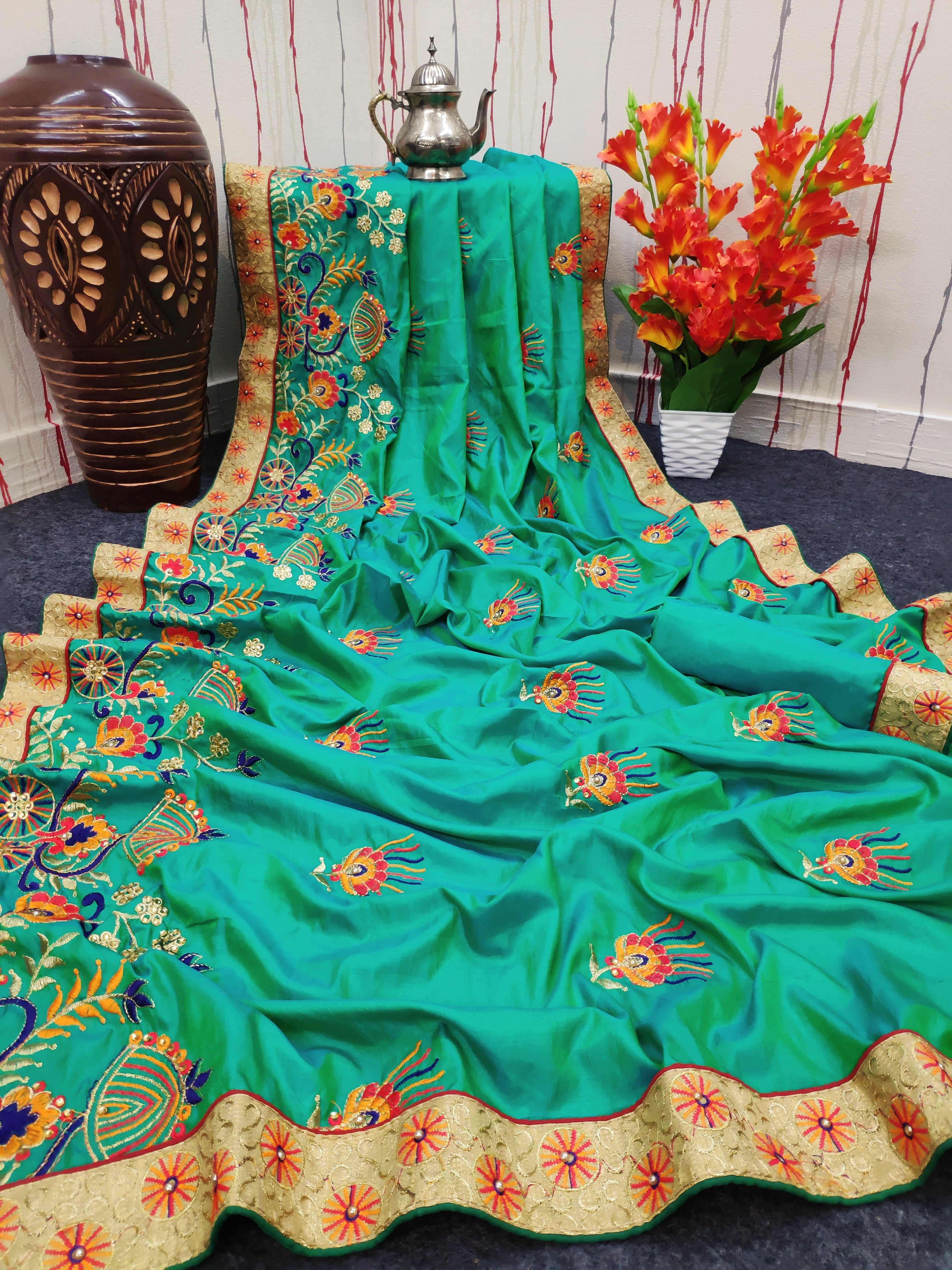 Beautiful Saree With Embroidery Work With Flower Design Print Work
