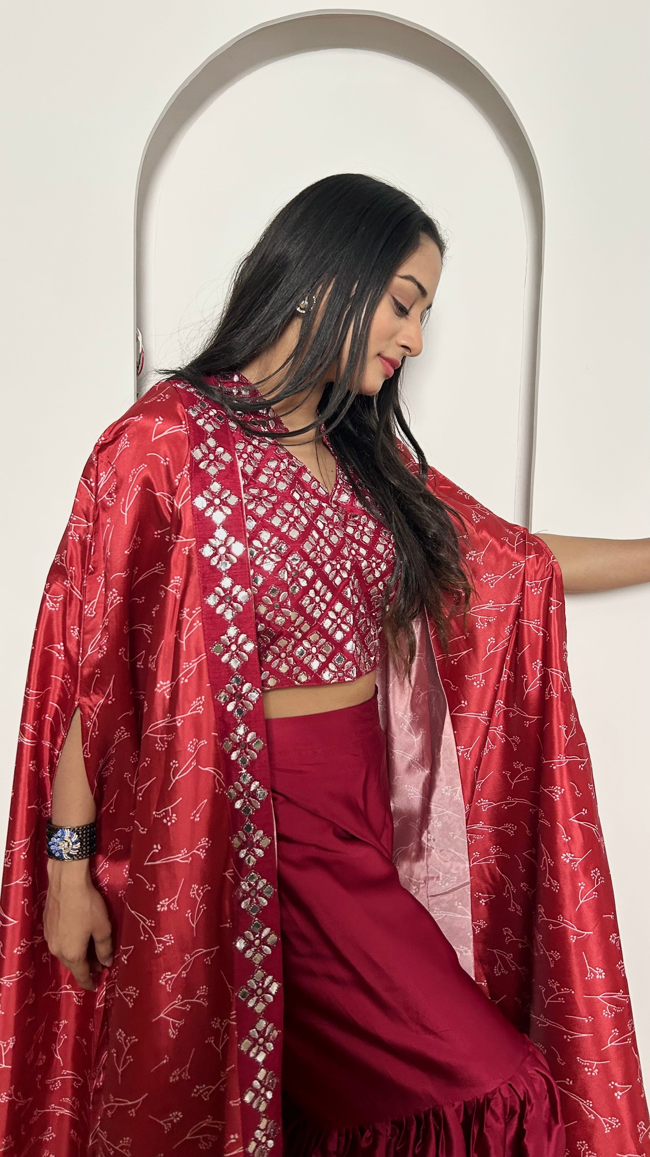 Party Wear Designer Indo Western With Paper Mirror Border Work