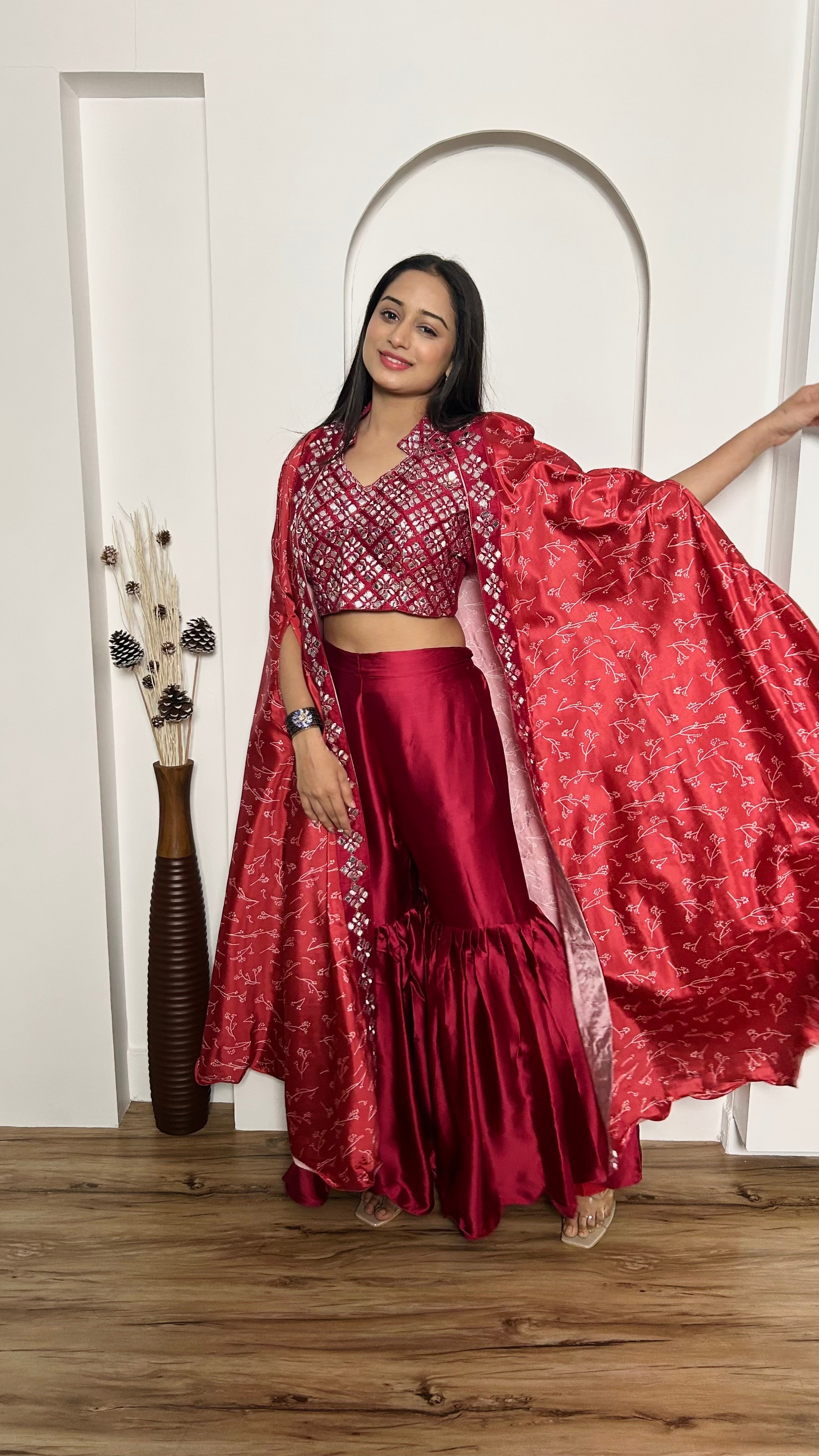 Party Wear Designer Indo Western With Paper Mirror Border Work