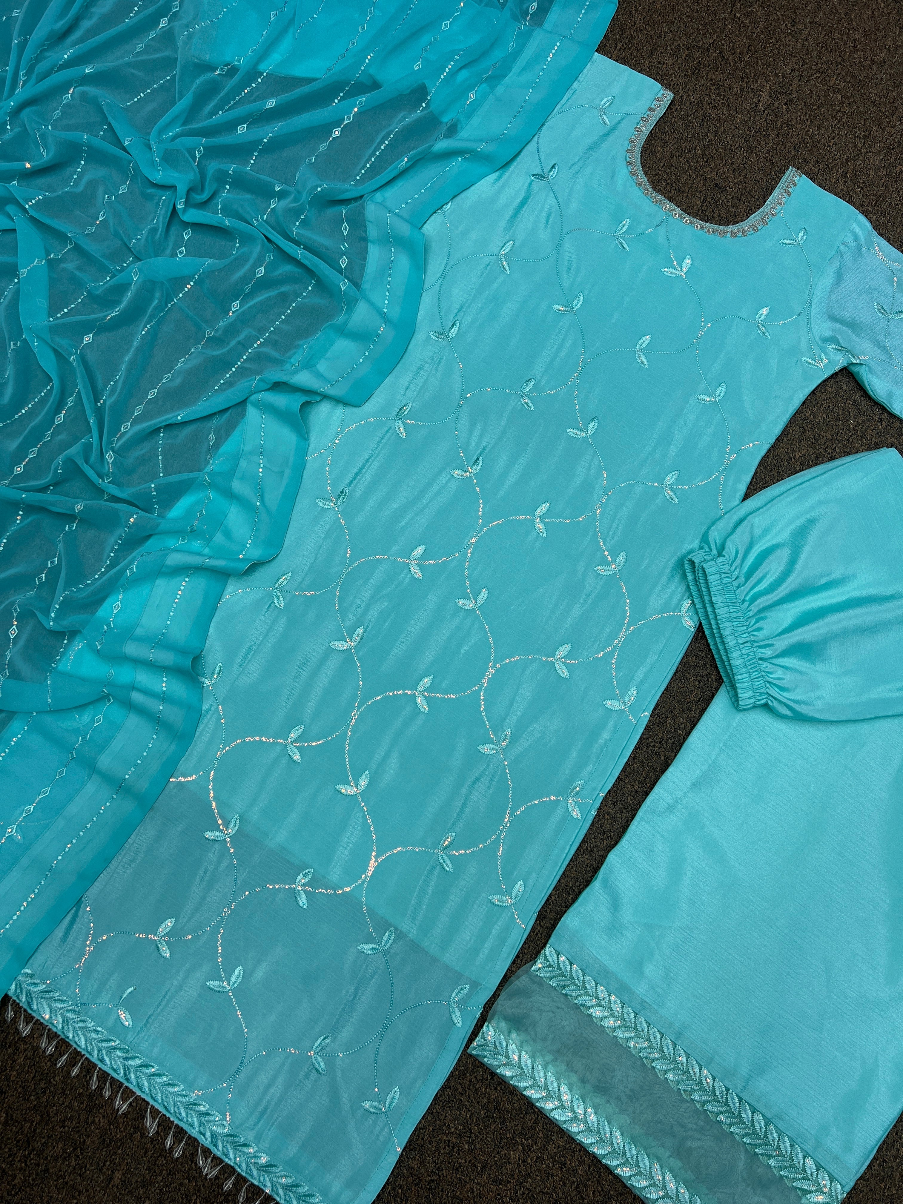 Fancy Top-Plazzo With Dupatta Beautiful Embroidery And Sequins Work