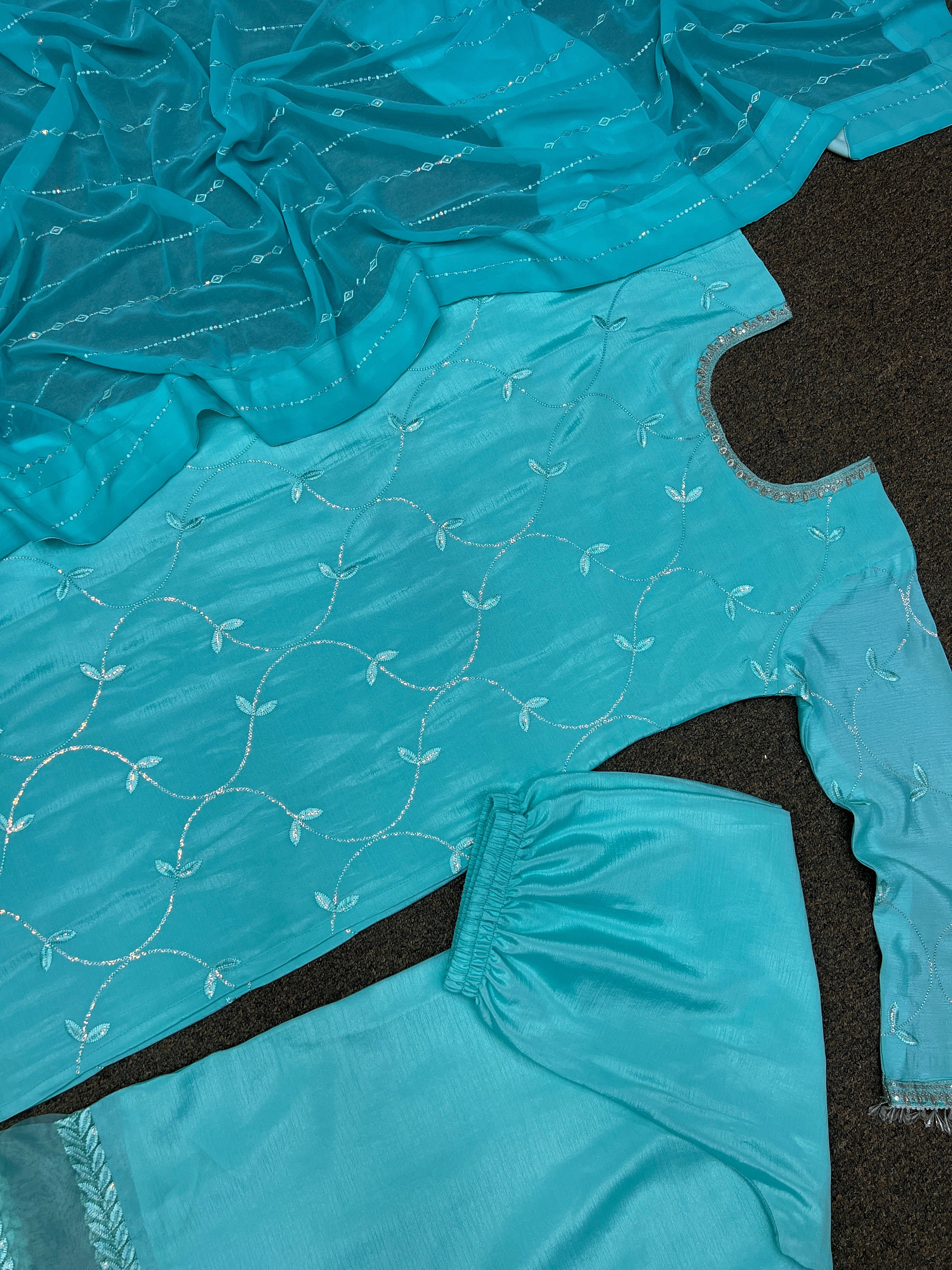 Fancy Top-Plazzo With Dupatta Beautiful Embroidery And Sequins Work