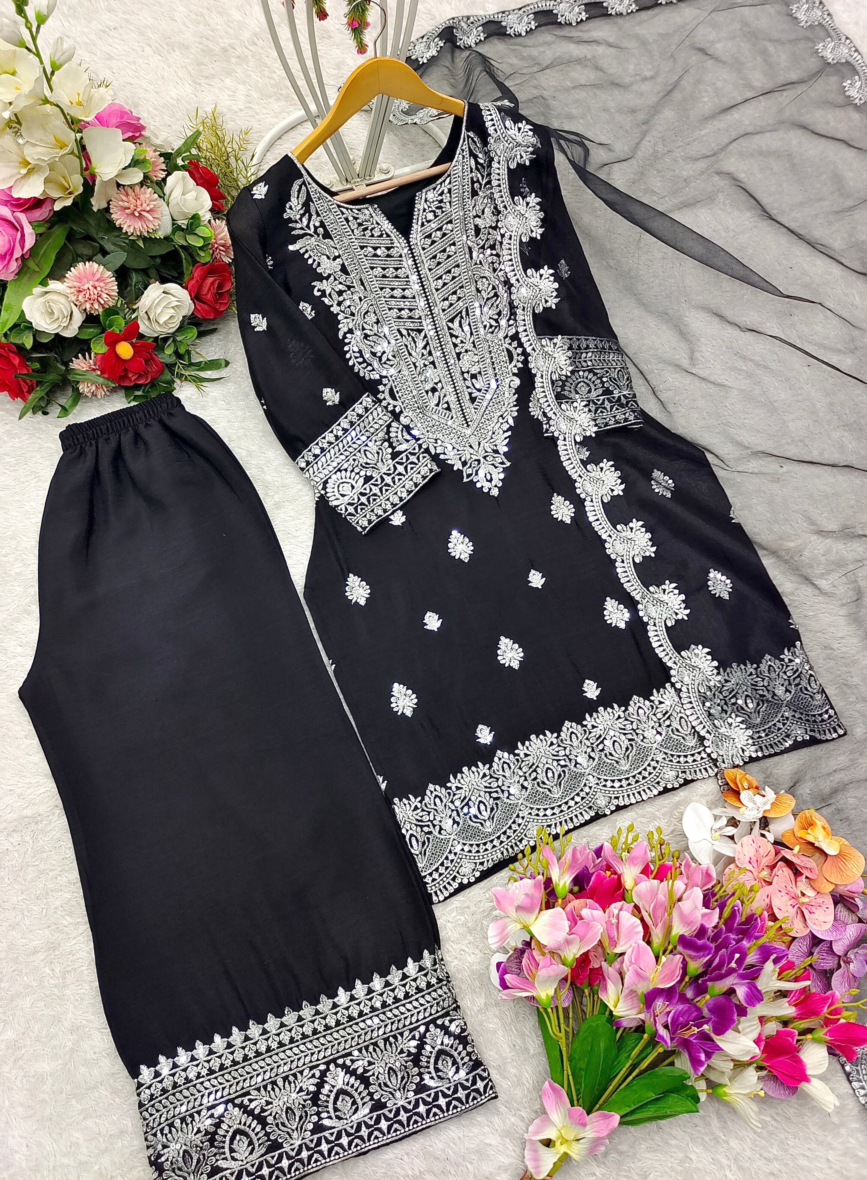 Party Wear Beautiful Top-Plazzo And Dupatta With Embroidery Sequence Work