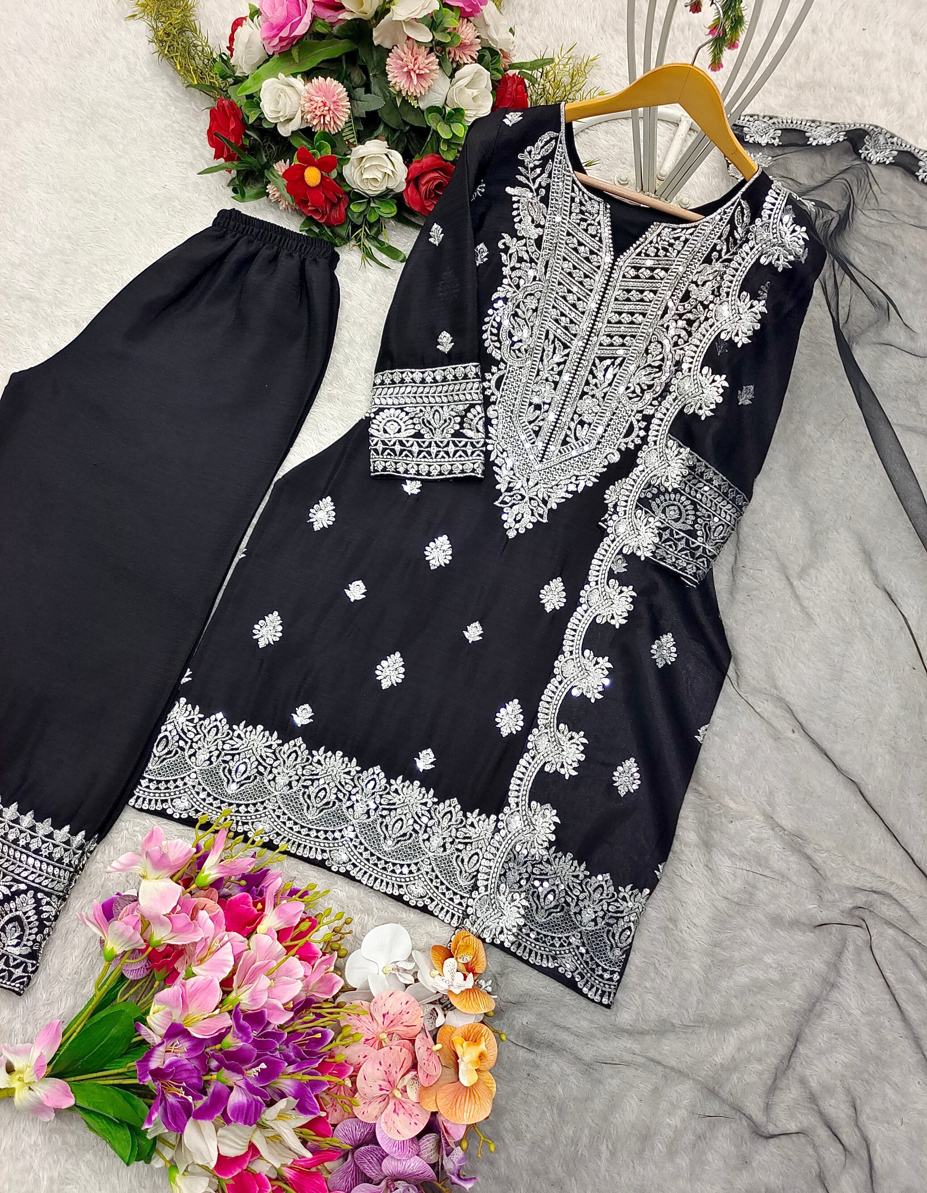 Party Wear Beautiful Top-Plazzo And Dupatta With Embroidery Sequence Work