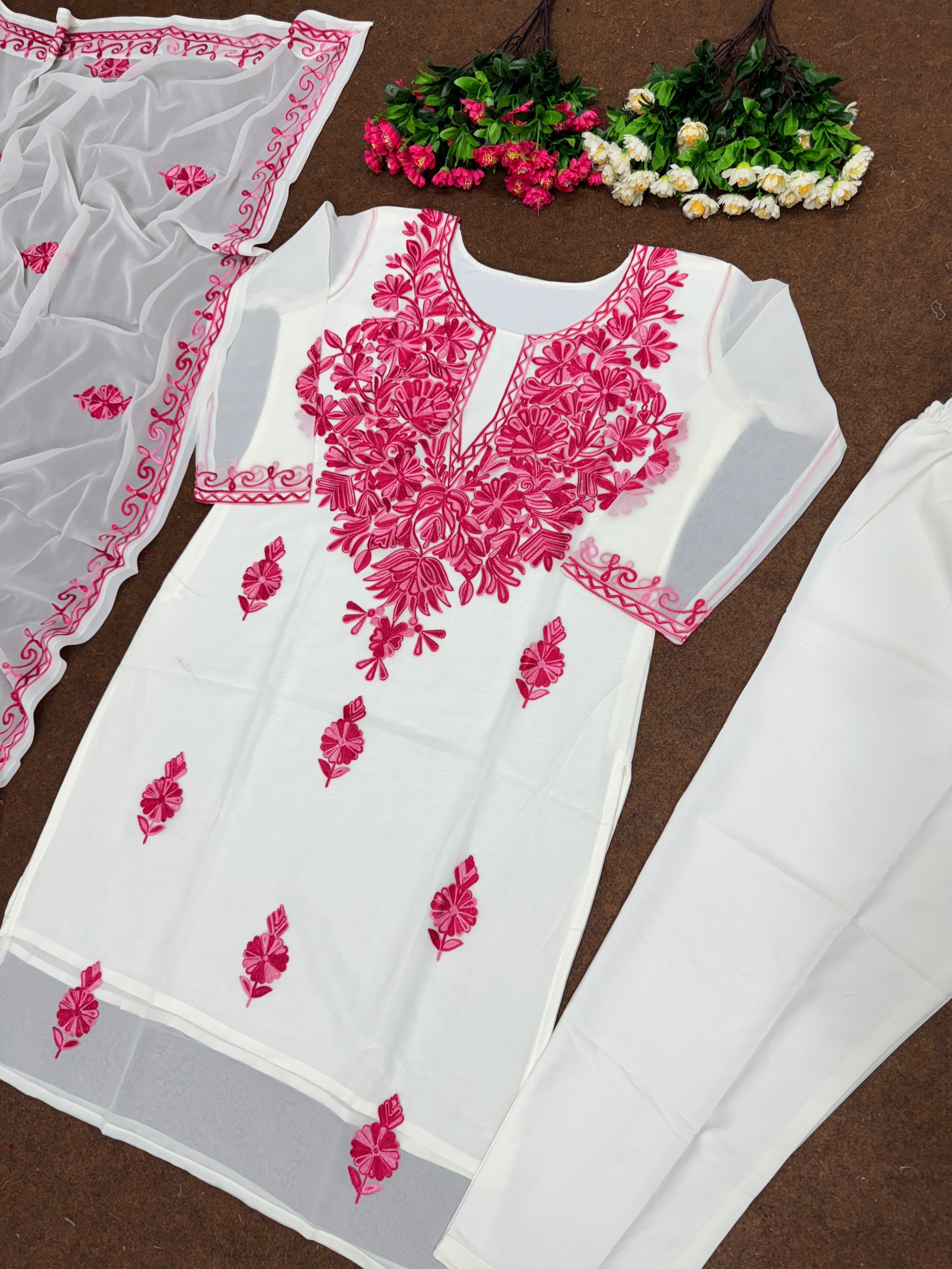 Fancy Party Wear Kashmiri Work Suit Pent And Dupatta