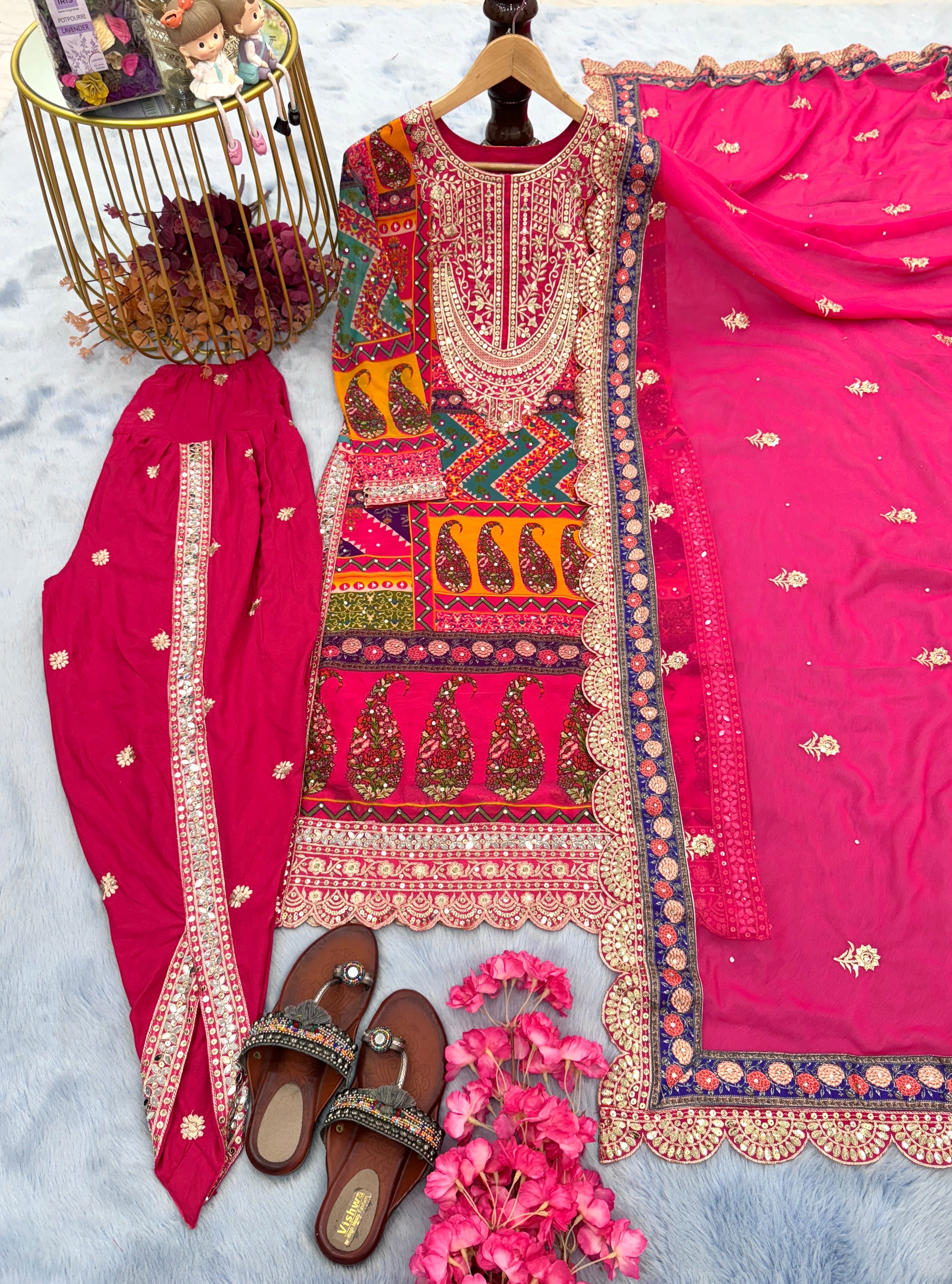 Party Wear Fancy Look Top Dupatta & Dhoti Set