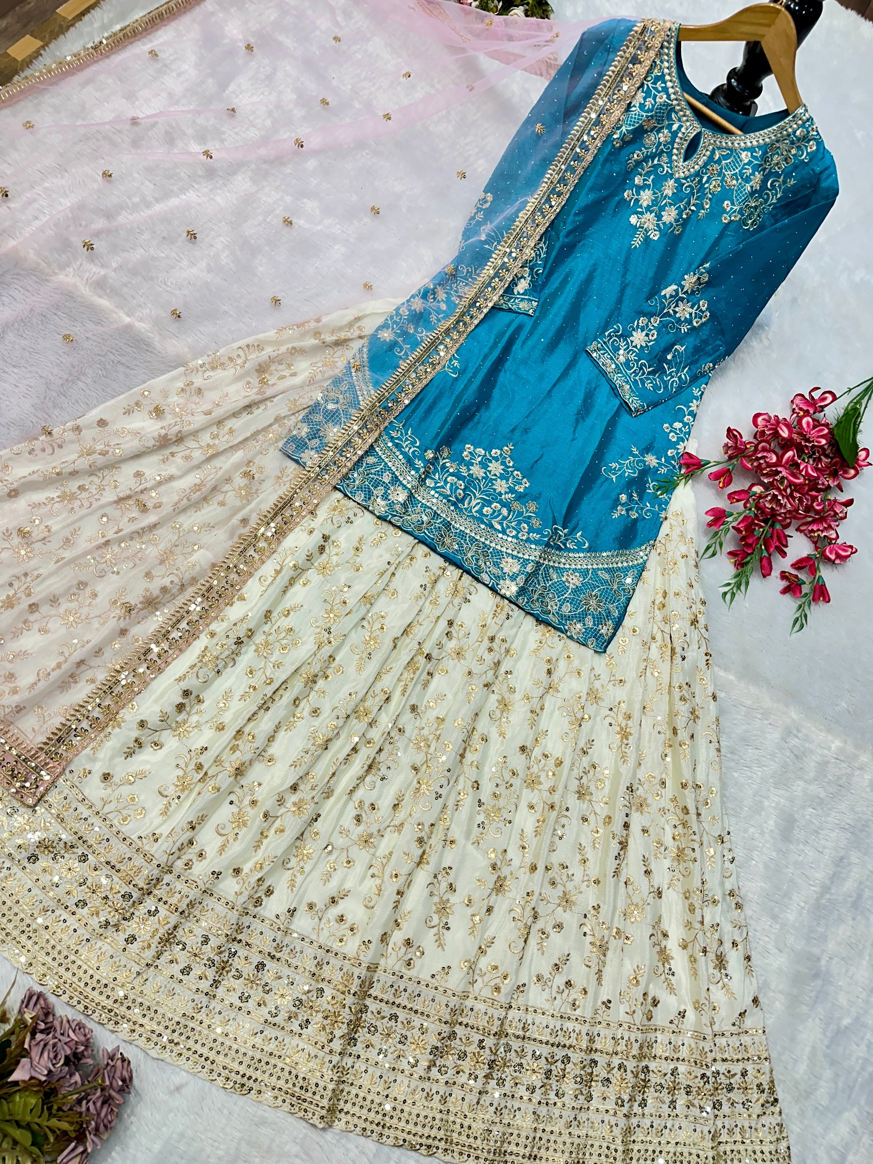 Party Wear Designer Top-Bottom And Dupatta With Embroidery Work