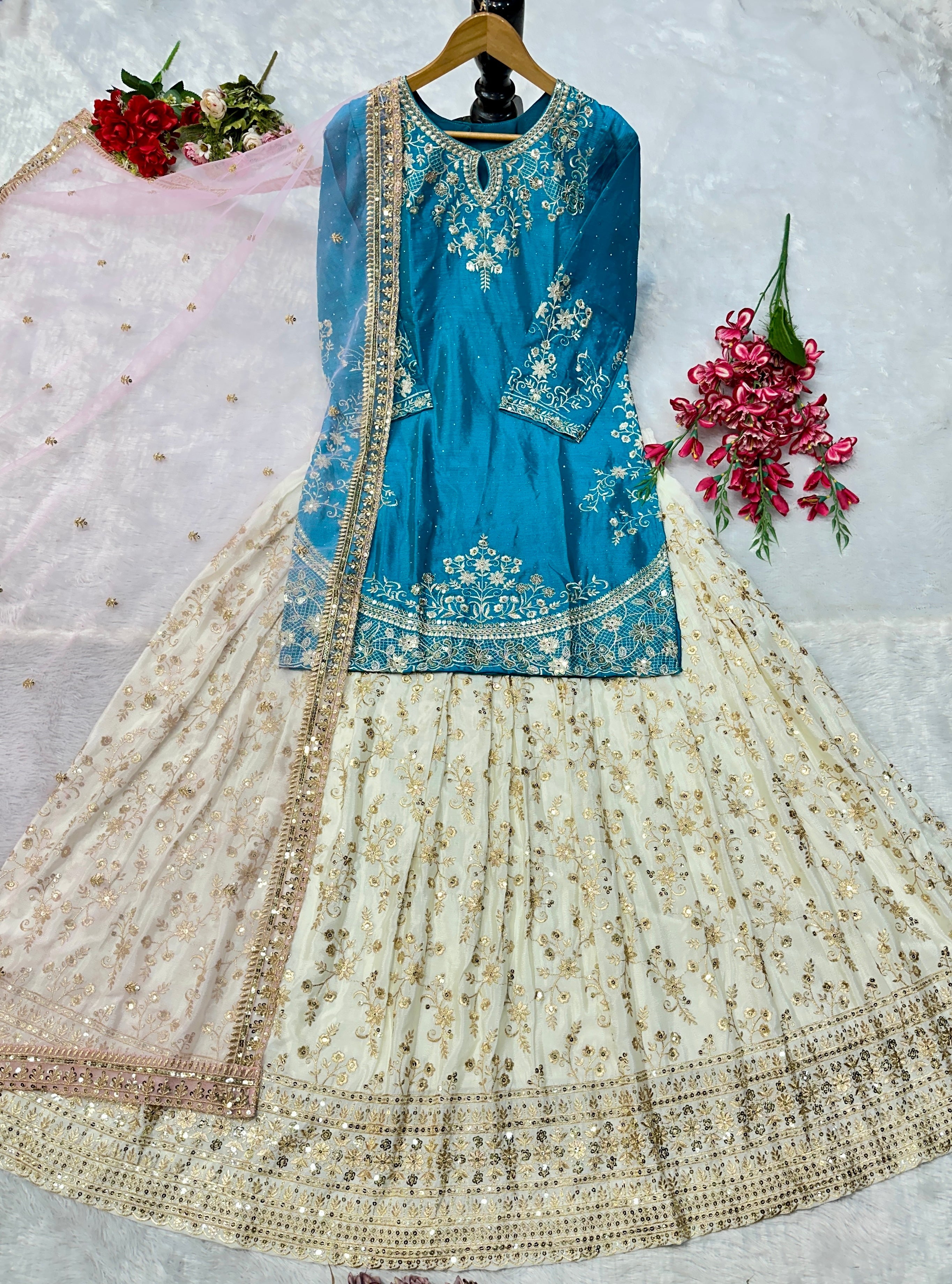 Party Wear Designer Top-Bottom And Dupatta With Embroidery Work