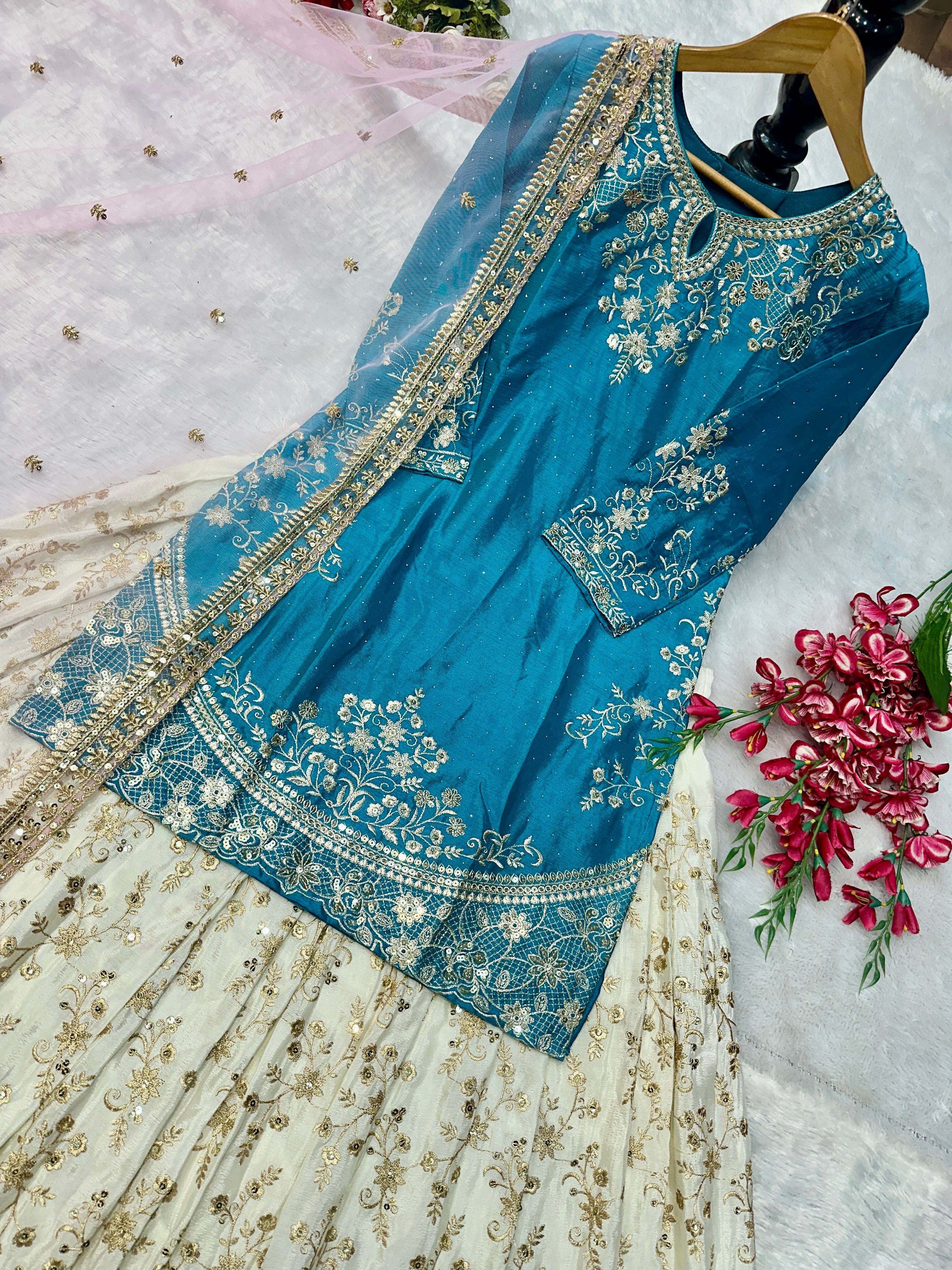 Party Wear Designer Top-Bottom And Dupatta With Embroidery Work