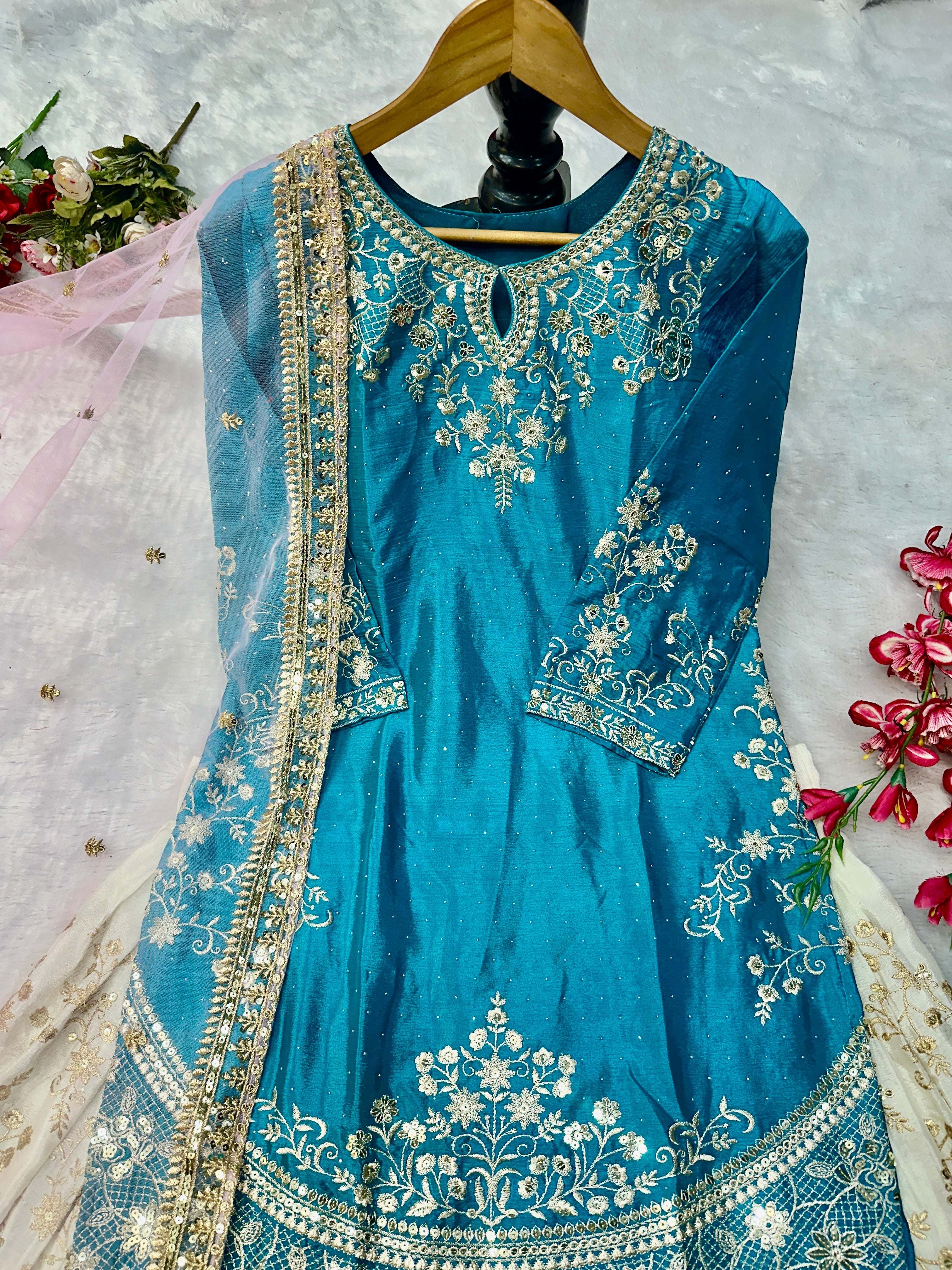 Party Wear Designer Top-Bottom And Dupatta With Embroidery Work