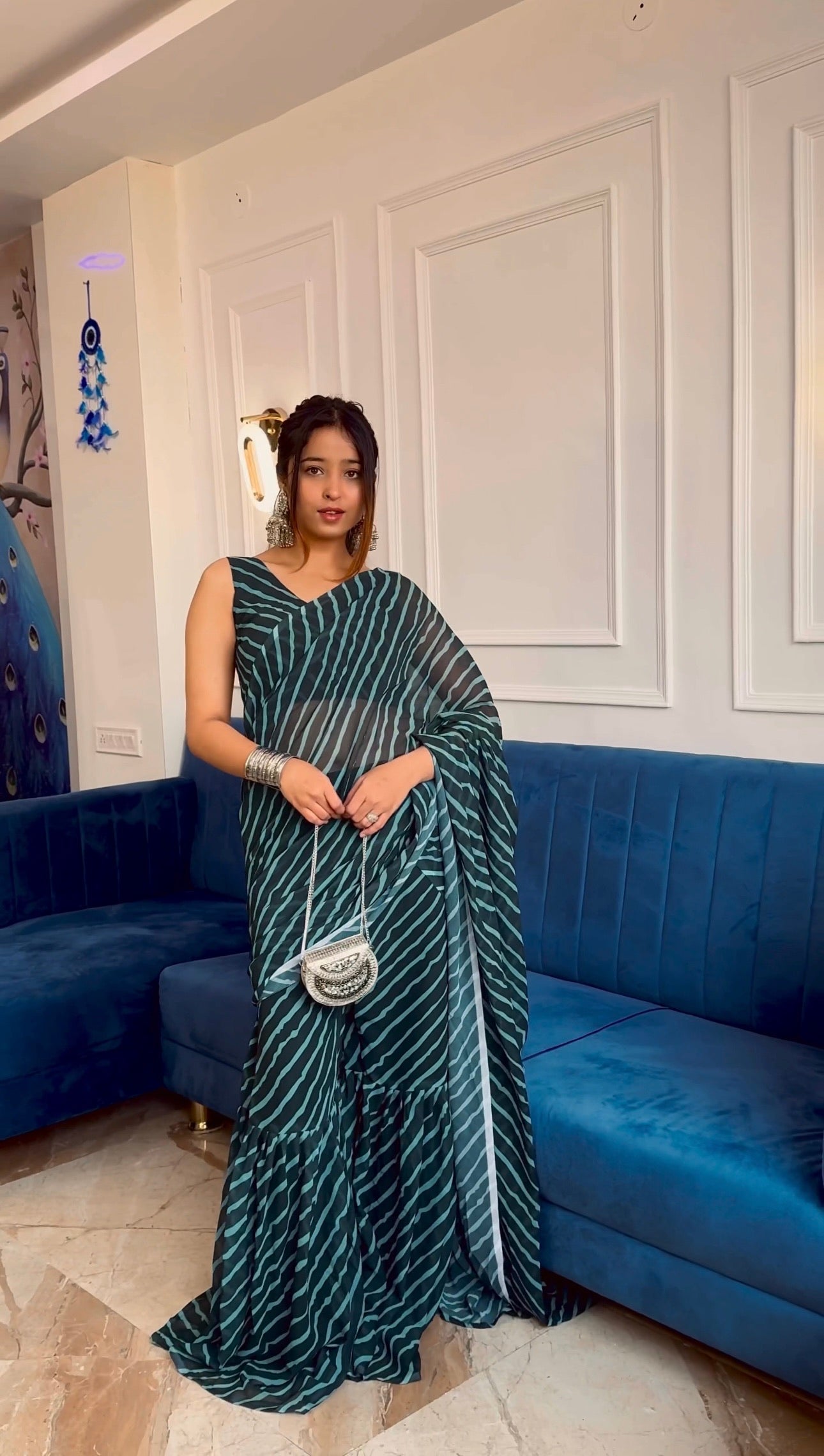 Stylish Party Wear Sharara Saree With Beautiful Leheriya Print