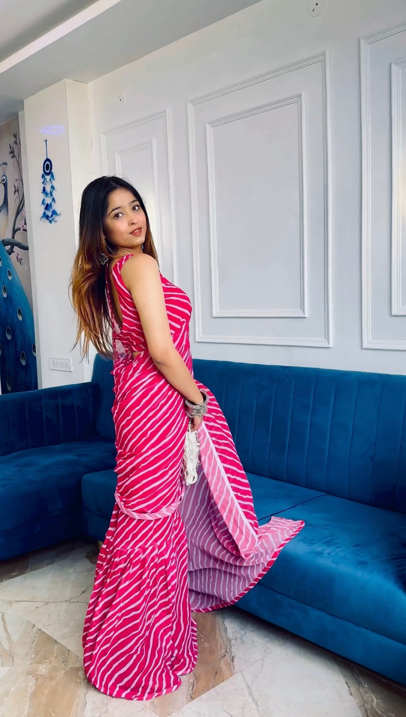 Stylish Party Wear Sharara Saree With Beautiful Leheriya Print