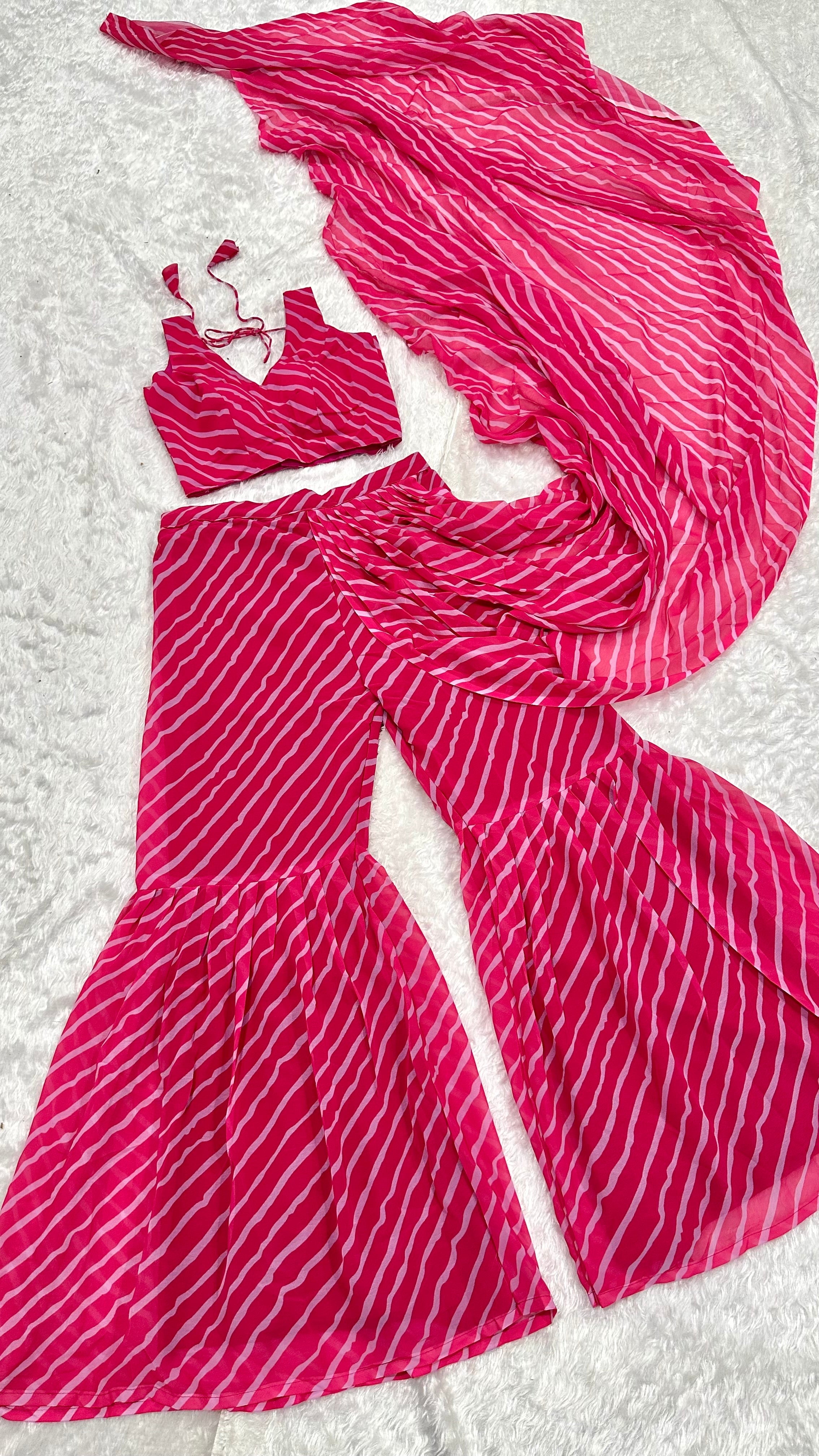 Stylish Party Wear Sharara Saree With Beautiful Leheriya Print