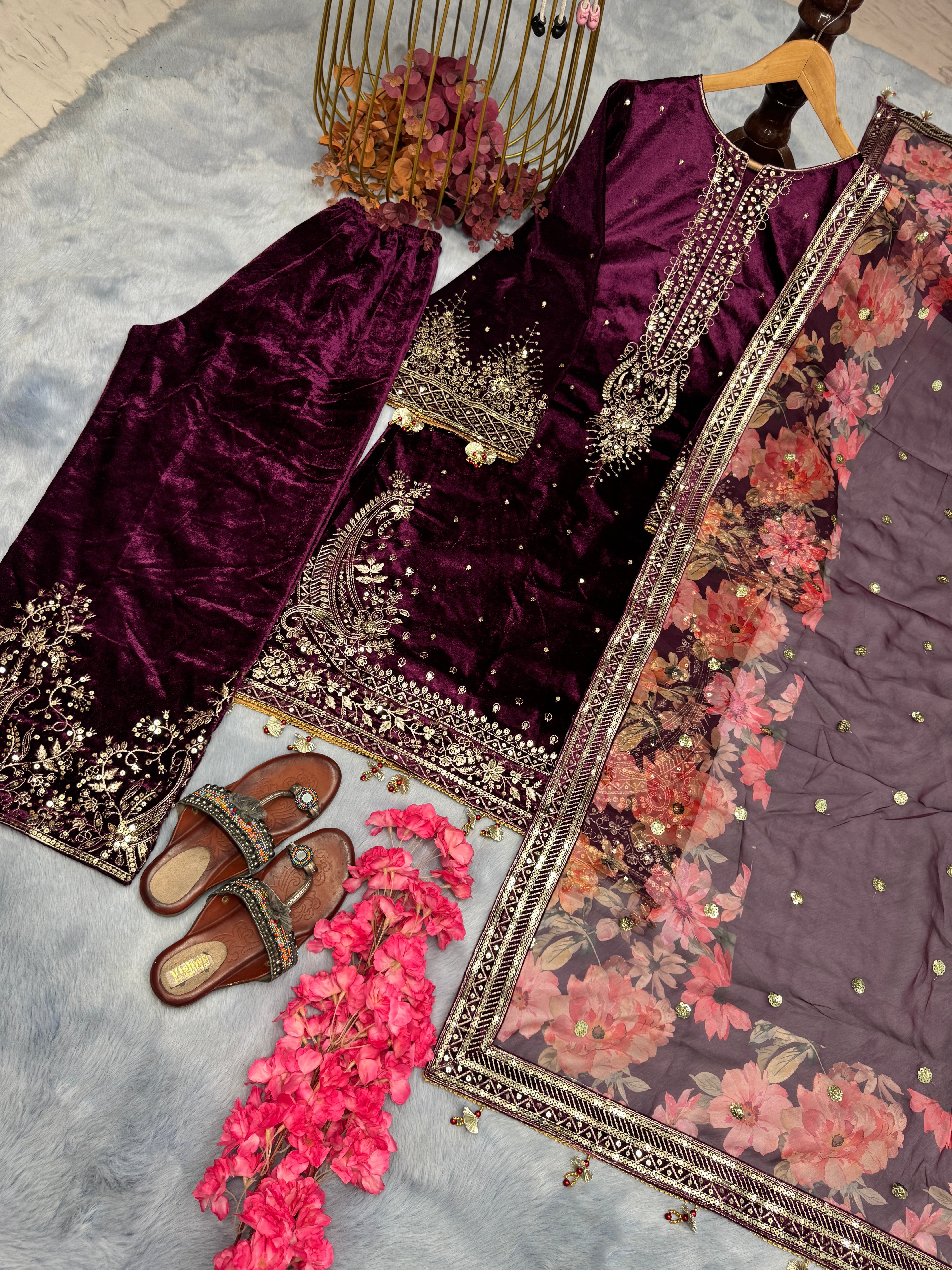 Designer Party Wear Look Velvet Top Plazzo & Dupatta Set