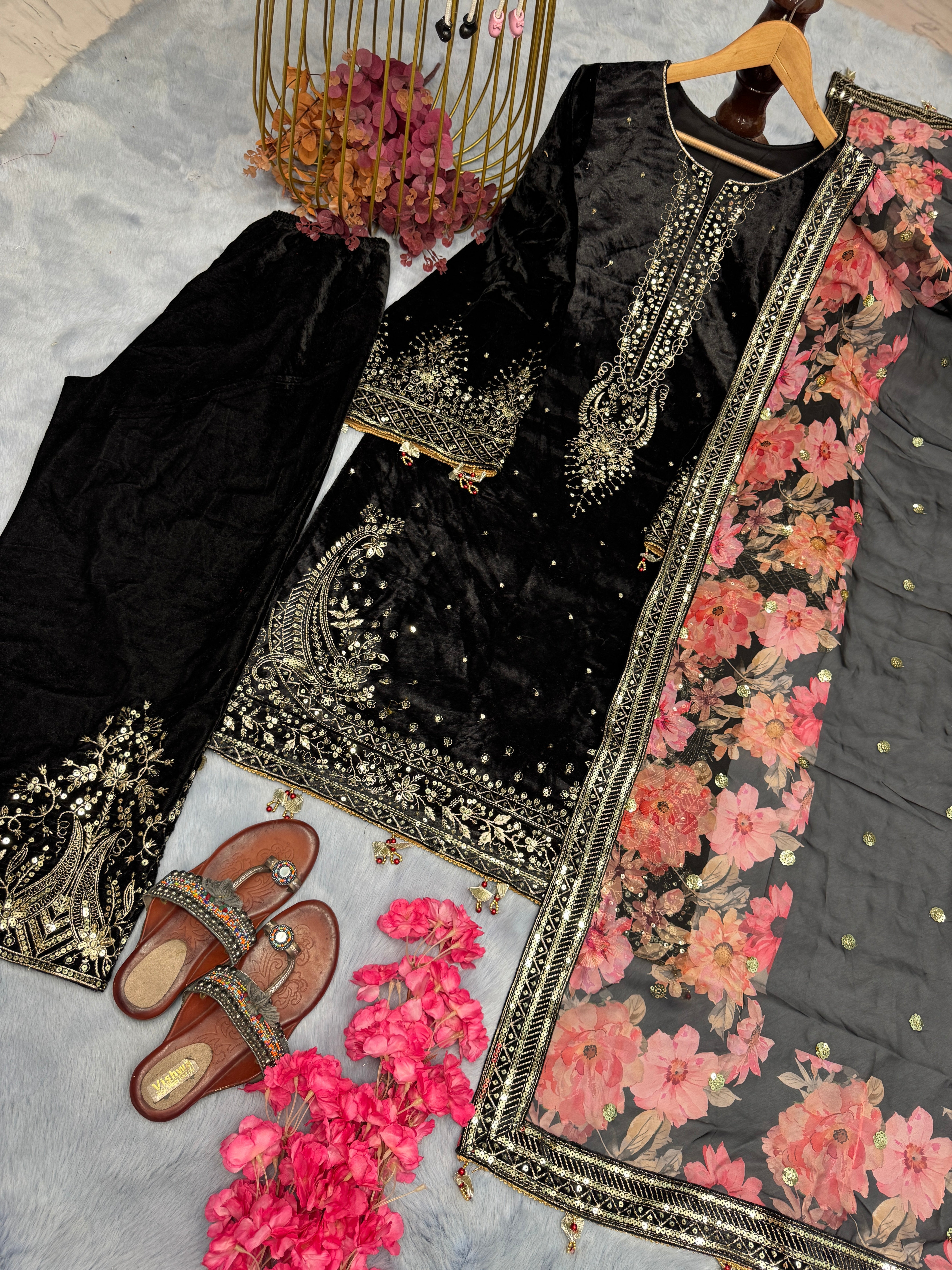 Designer Party Wear Look Velvet Top Plazzo & Dupatta Set