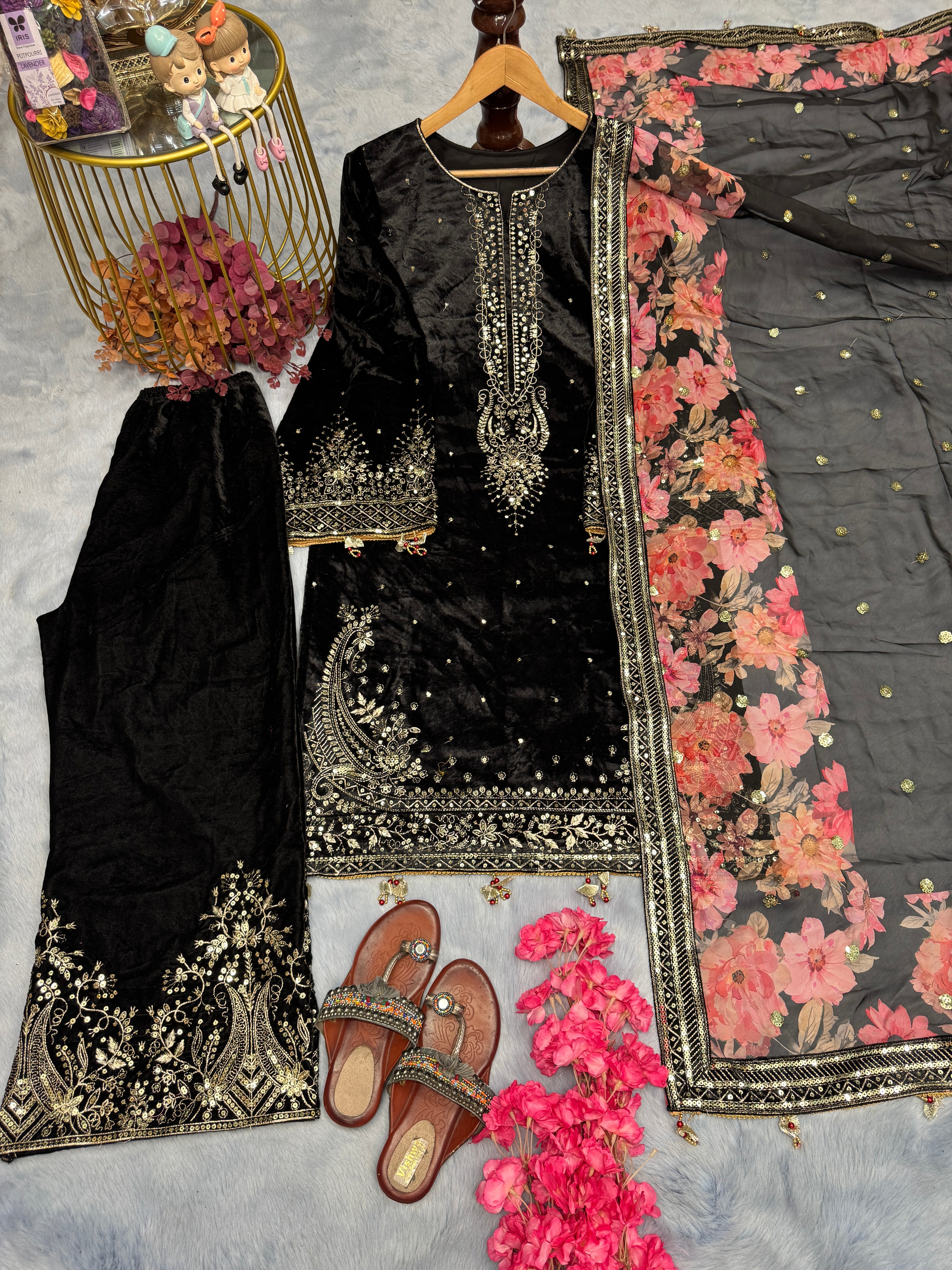 Designer Party Wear Look Velvet Top Plazzo & Dupatta Set