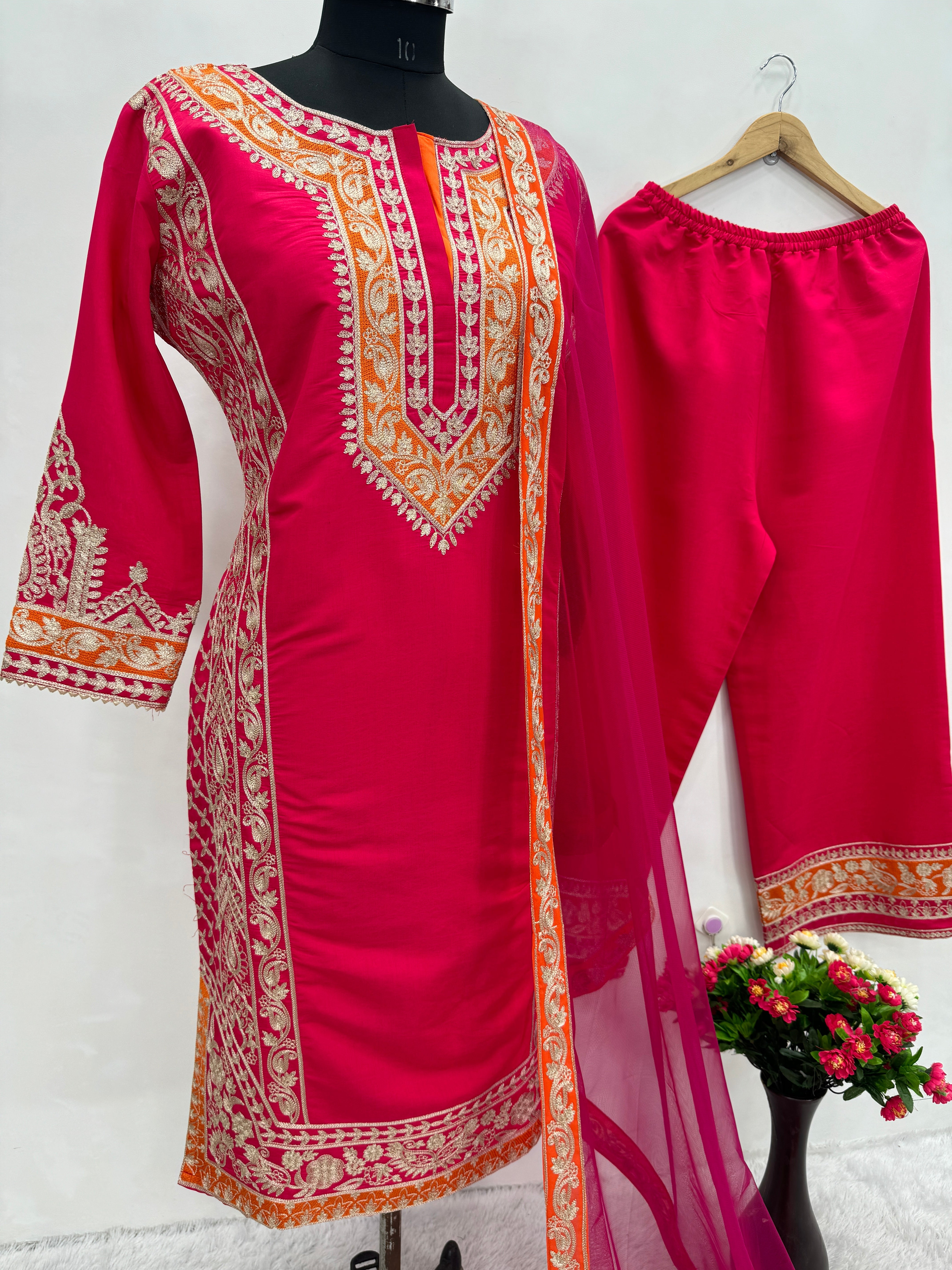 Party Wear Beautiful Top Plazzo And Dupatta With Chine Stitch Work