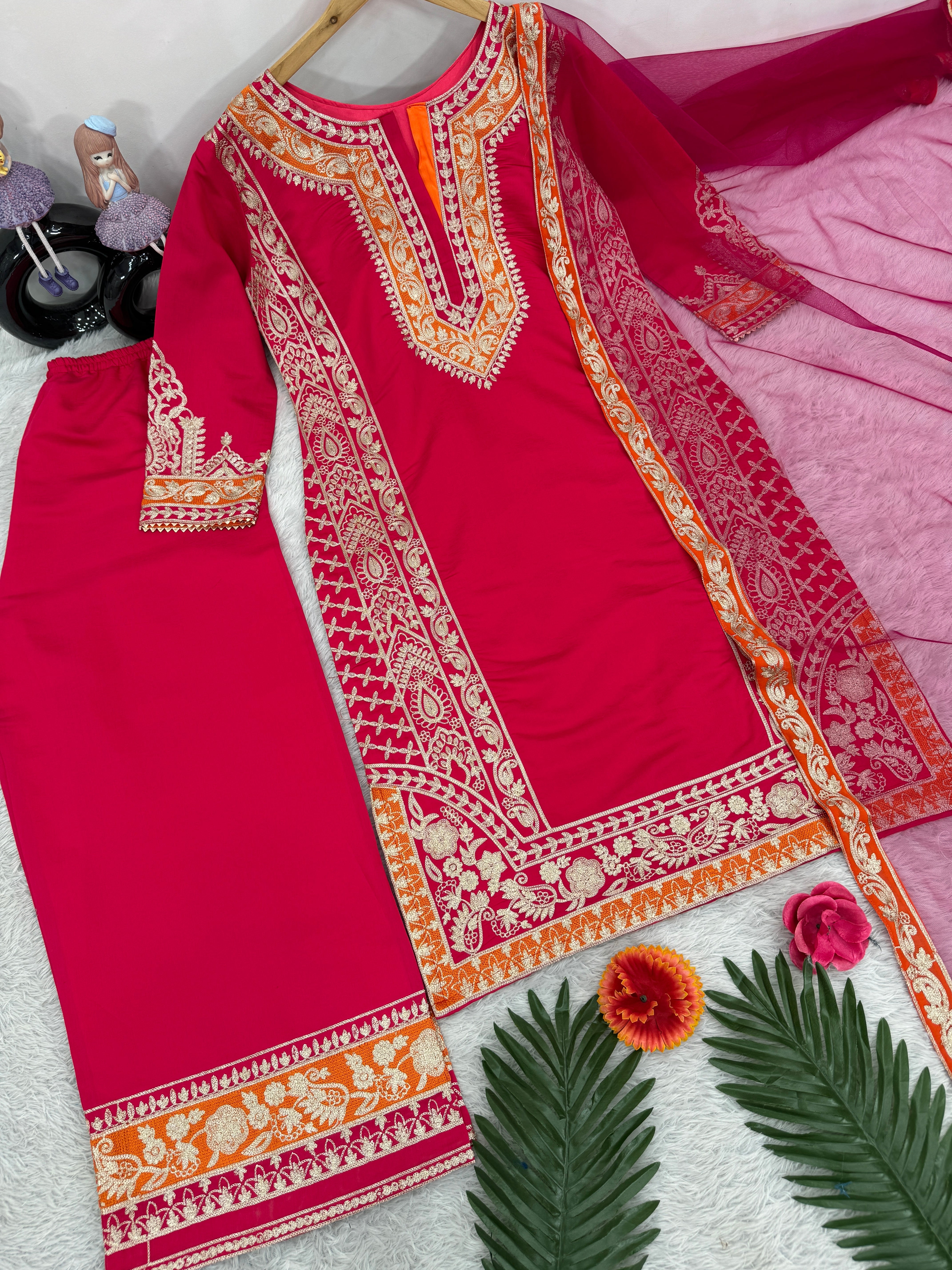 Party Wear Beautiful Top Plazzo And Dupatta With Chine Stitch Work