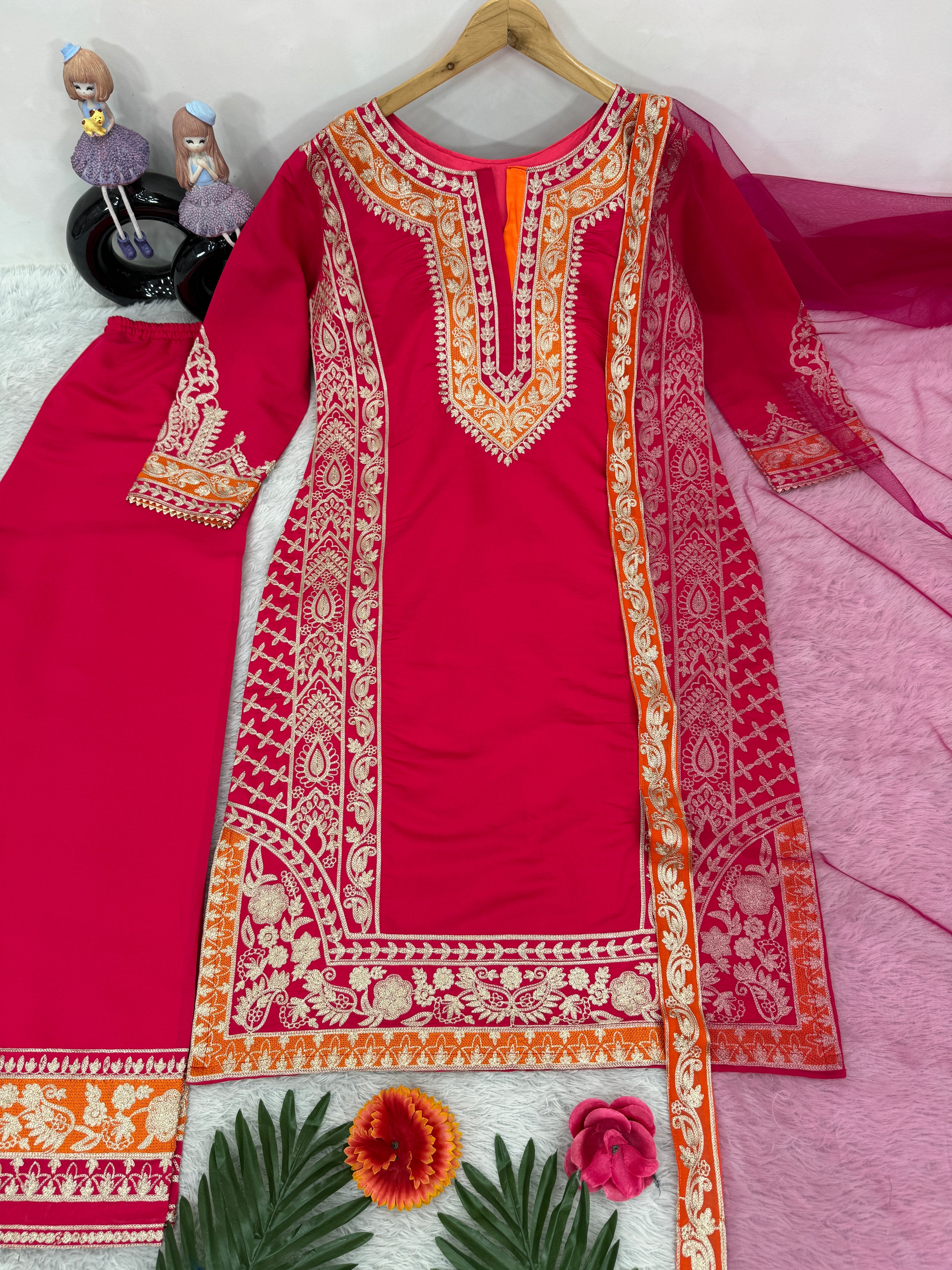 Party Wear Beautiful Top Plazzo And Dupatta With Chine Stitch Work