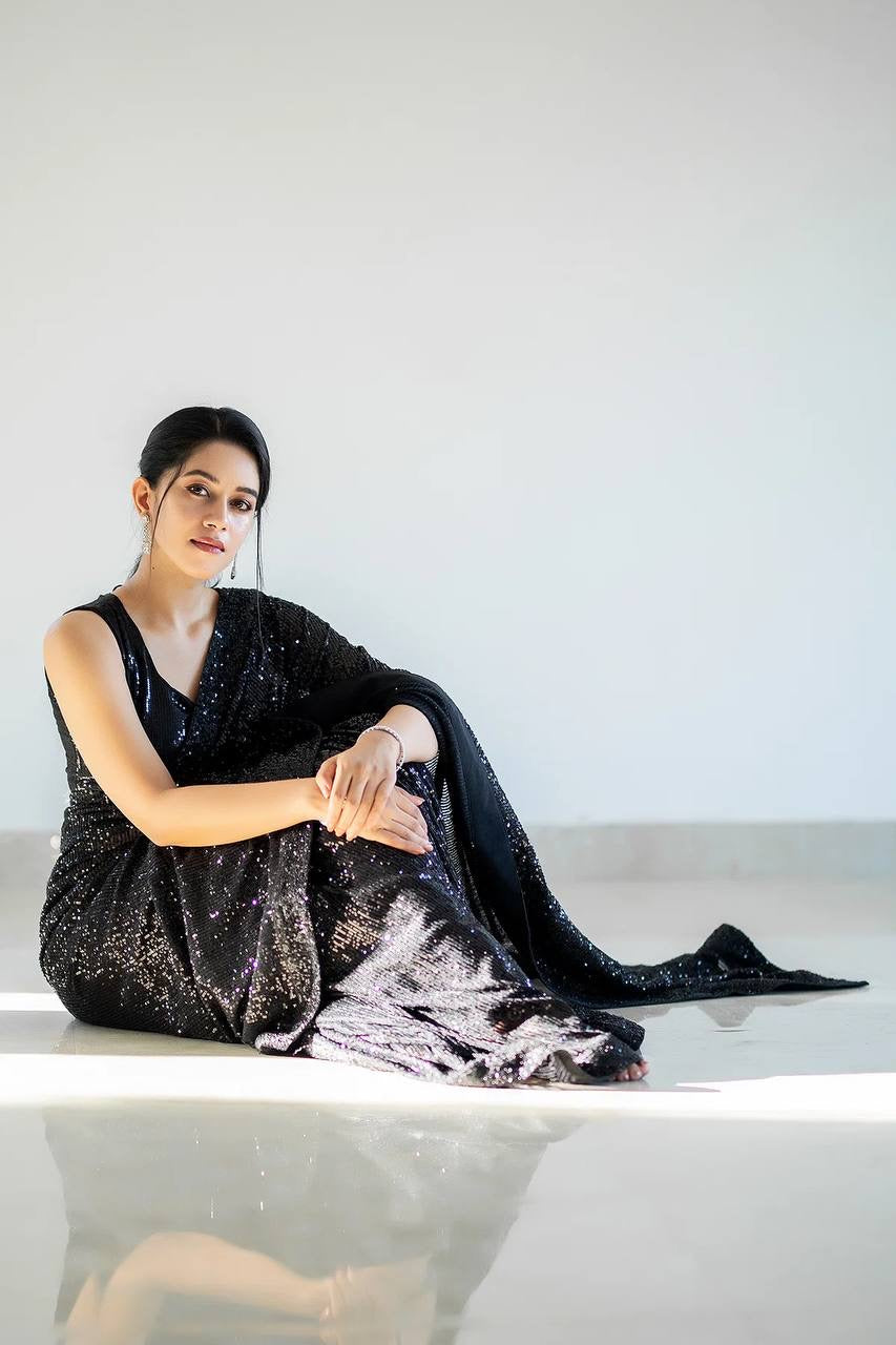 Party Wear Designer Saree With Sequence Work & Piping Border