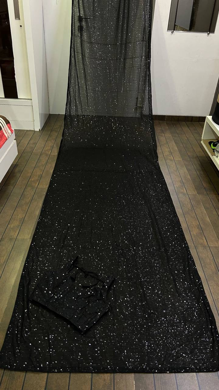 Party Wear Designer Saree With Sequence Work & Piping Border