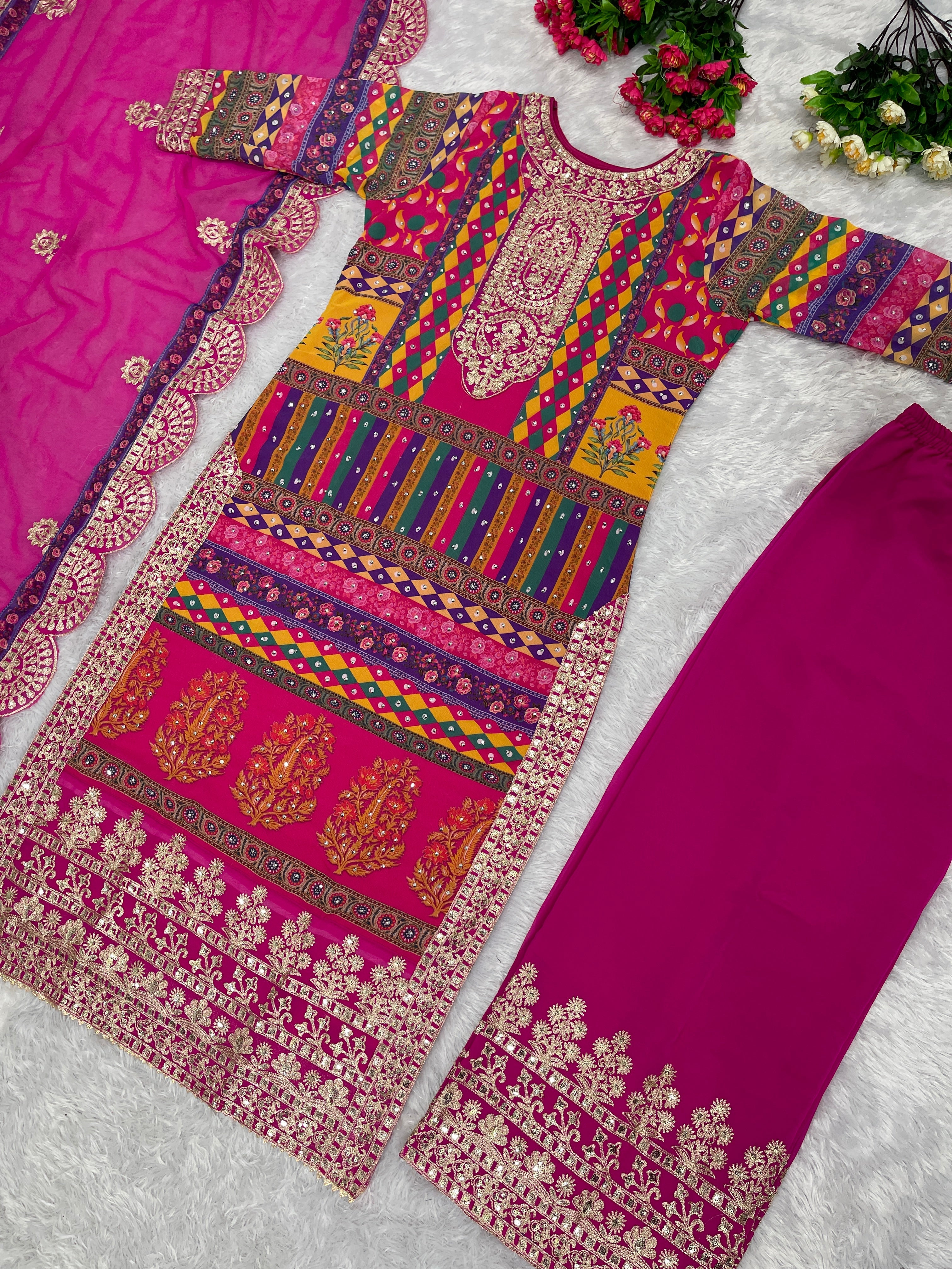 Beautiful Party Wear Top And Plazzo With Dupatta With Dimond Hand Work