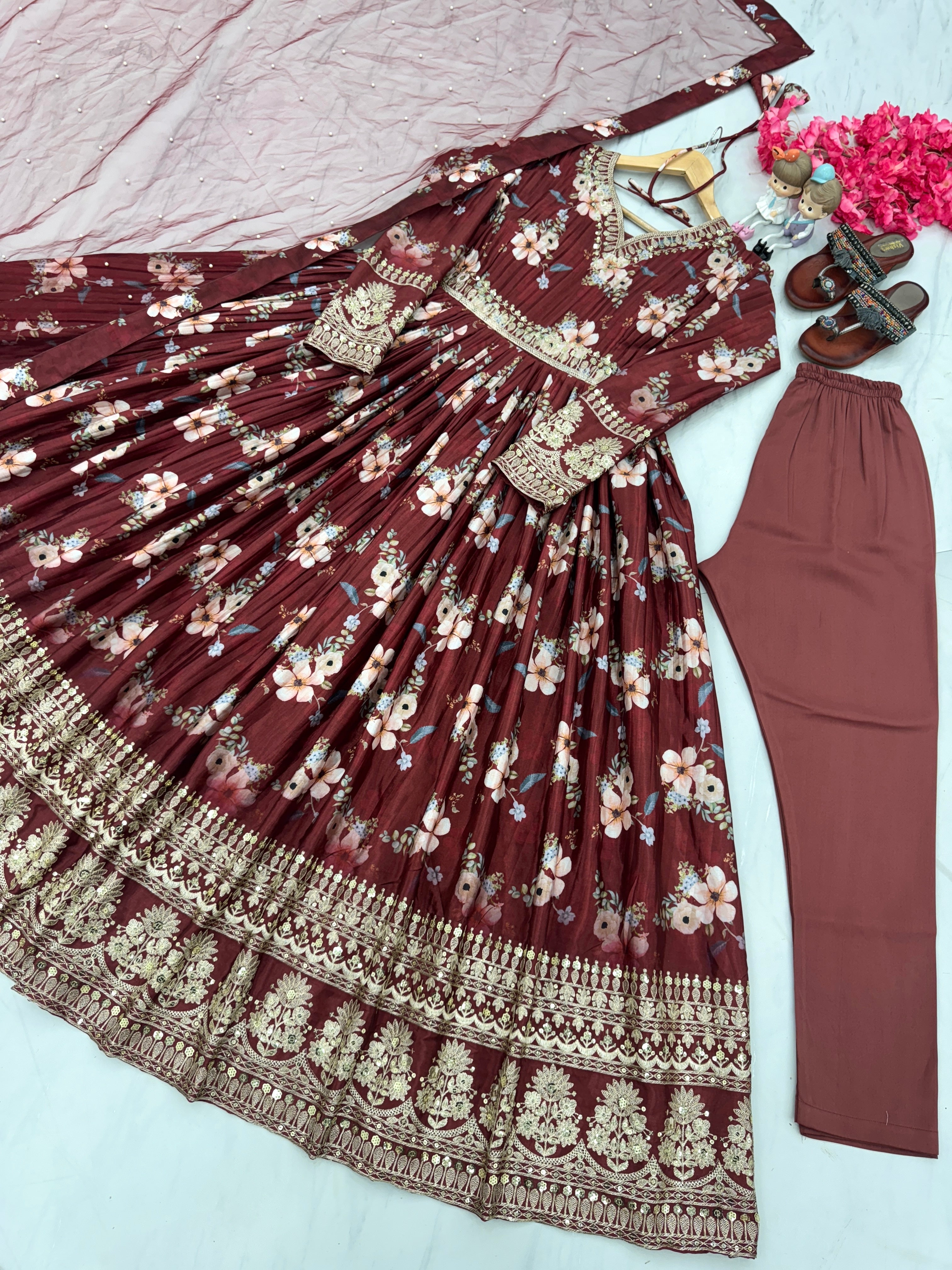 Party Wear Look Gown With Bottom & Dupatta Set