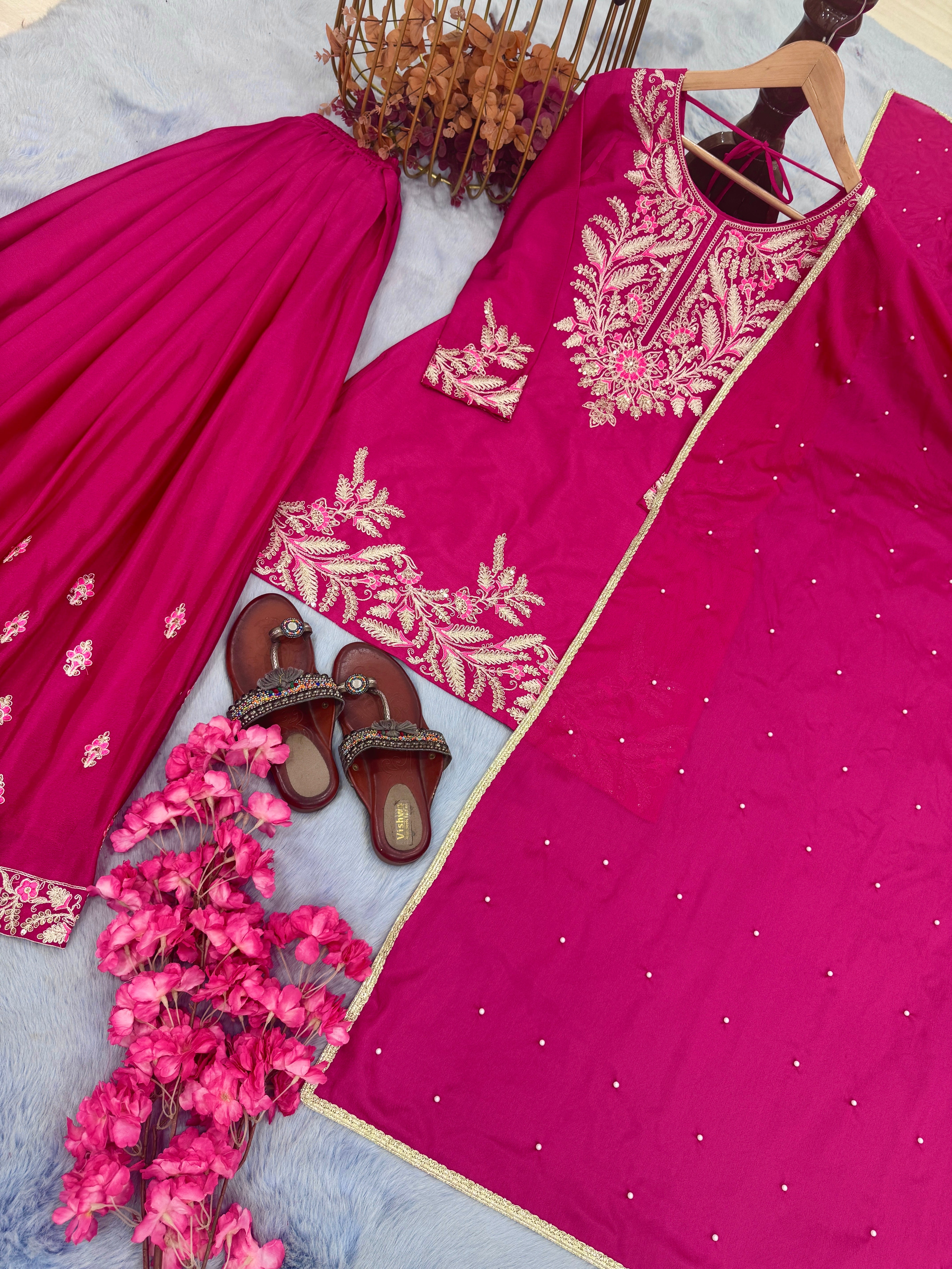 Designer Party Wear Look Pure Chinon Silk Top Plazzo & Dupatta Set