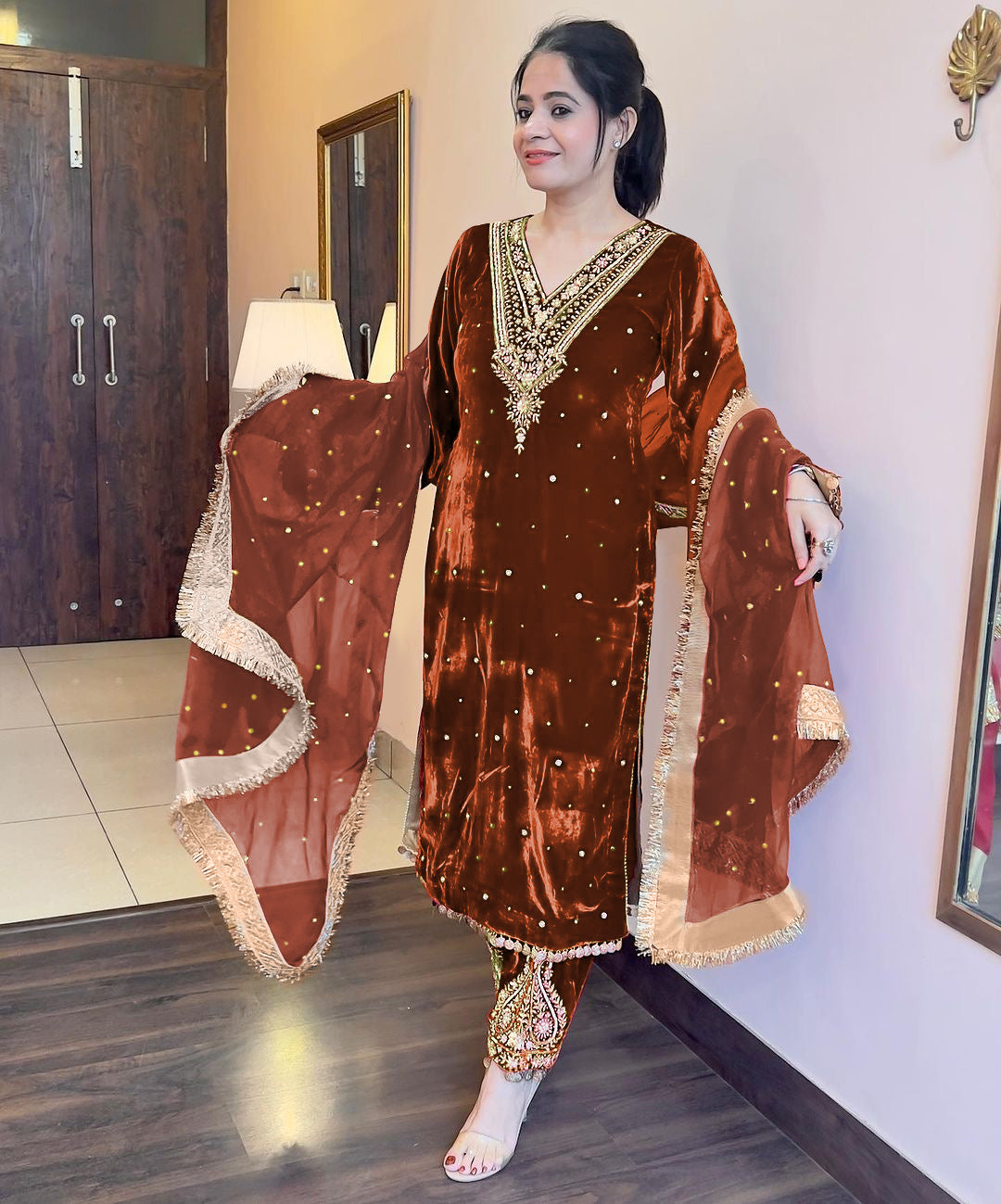 Designer Party Wear Look Heavy Pure Viscose Velvet Top Plazzo &amp; Dupatta Set