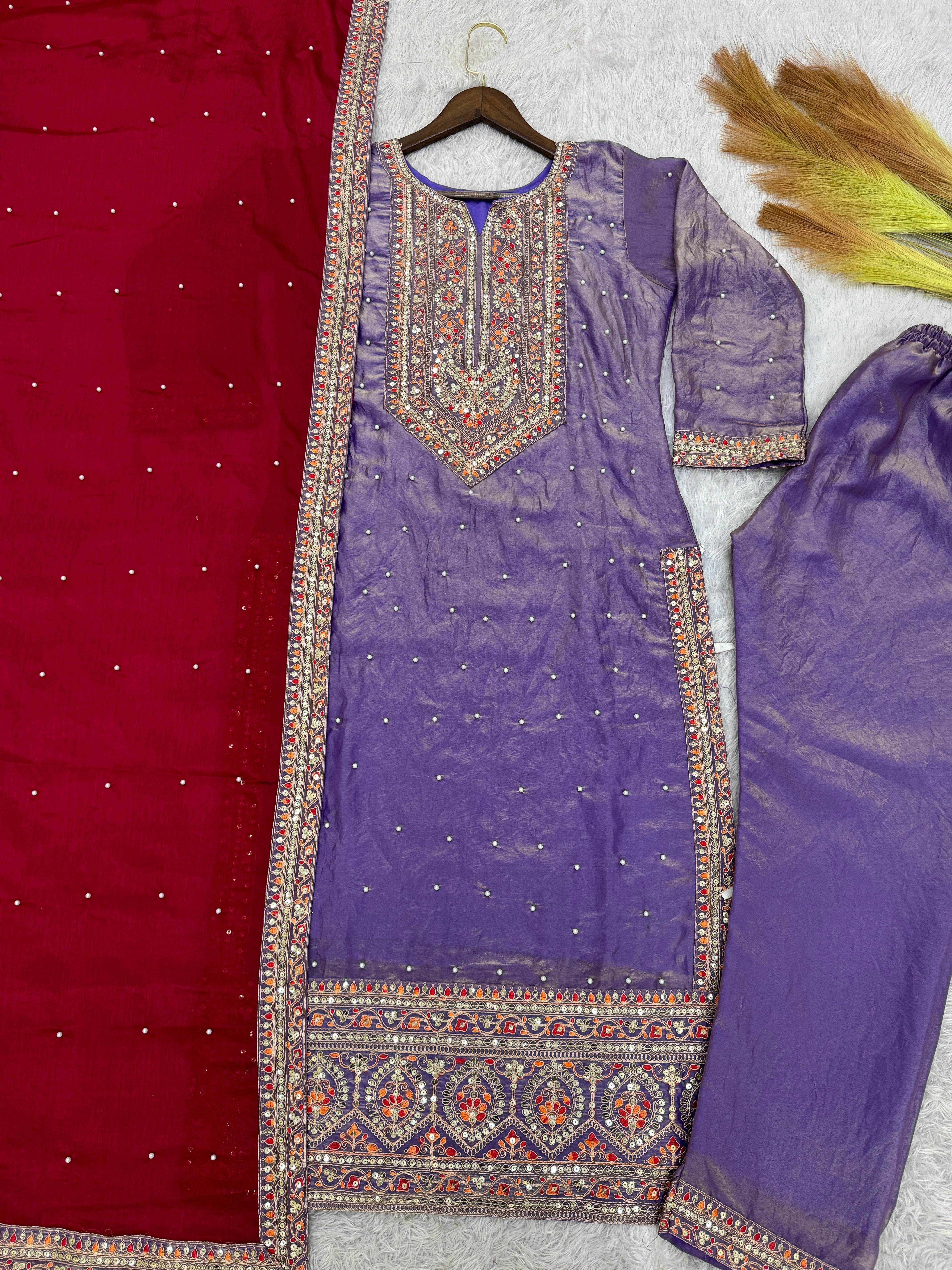 Fancy Top-Bottom And Dupatta With Embroidery Coding Dori-Sequence Work