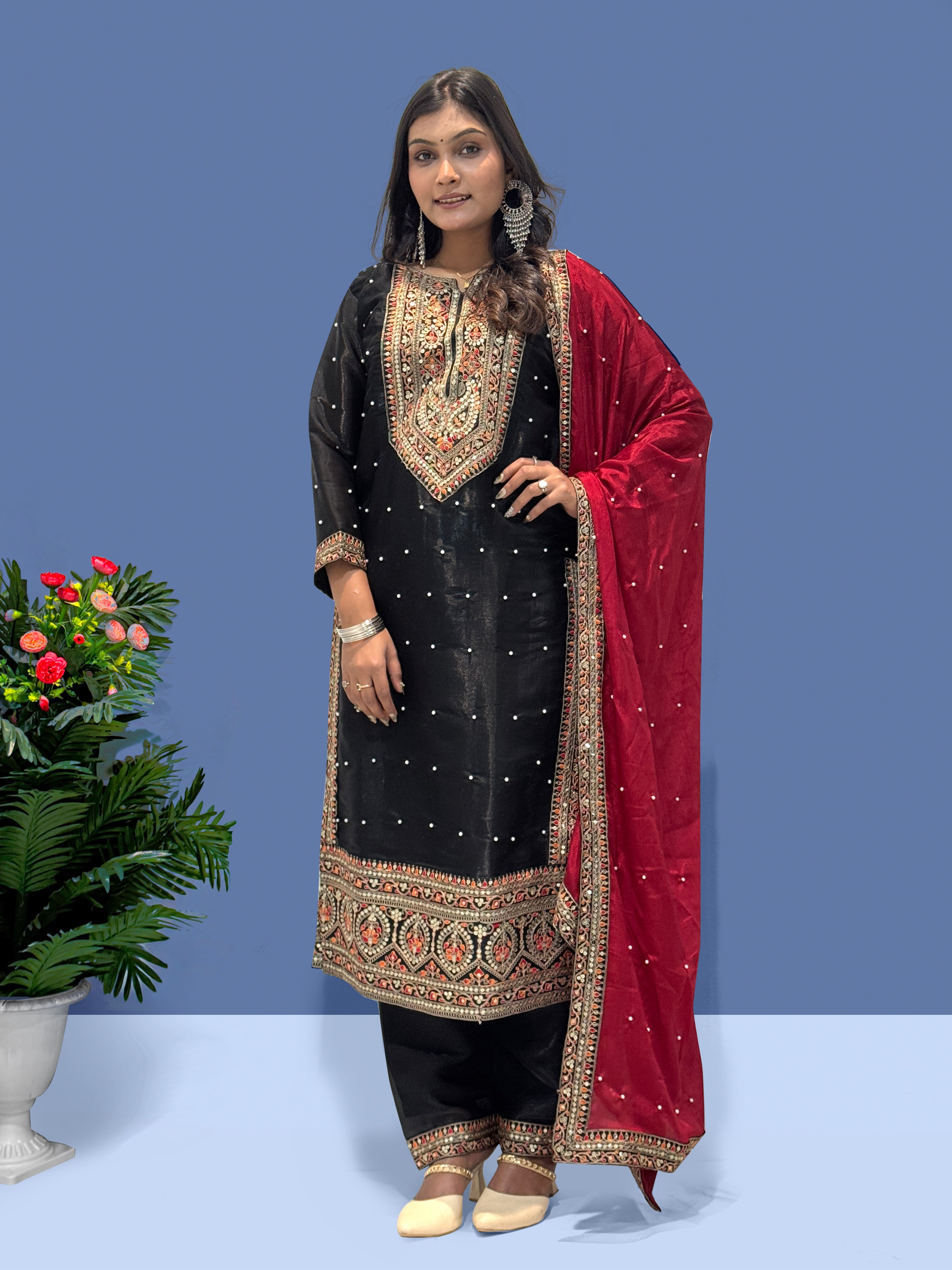 Fancy Top-Bottom And Dupatta With Embroidery Coding Dori-Sequence Work