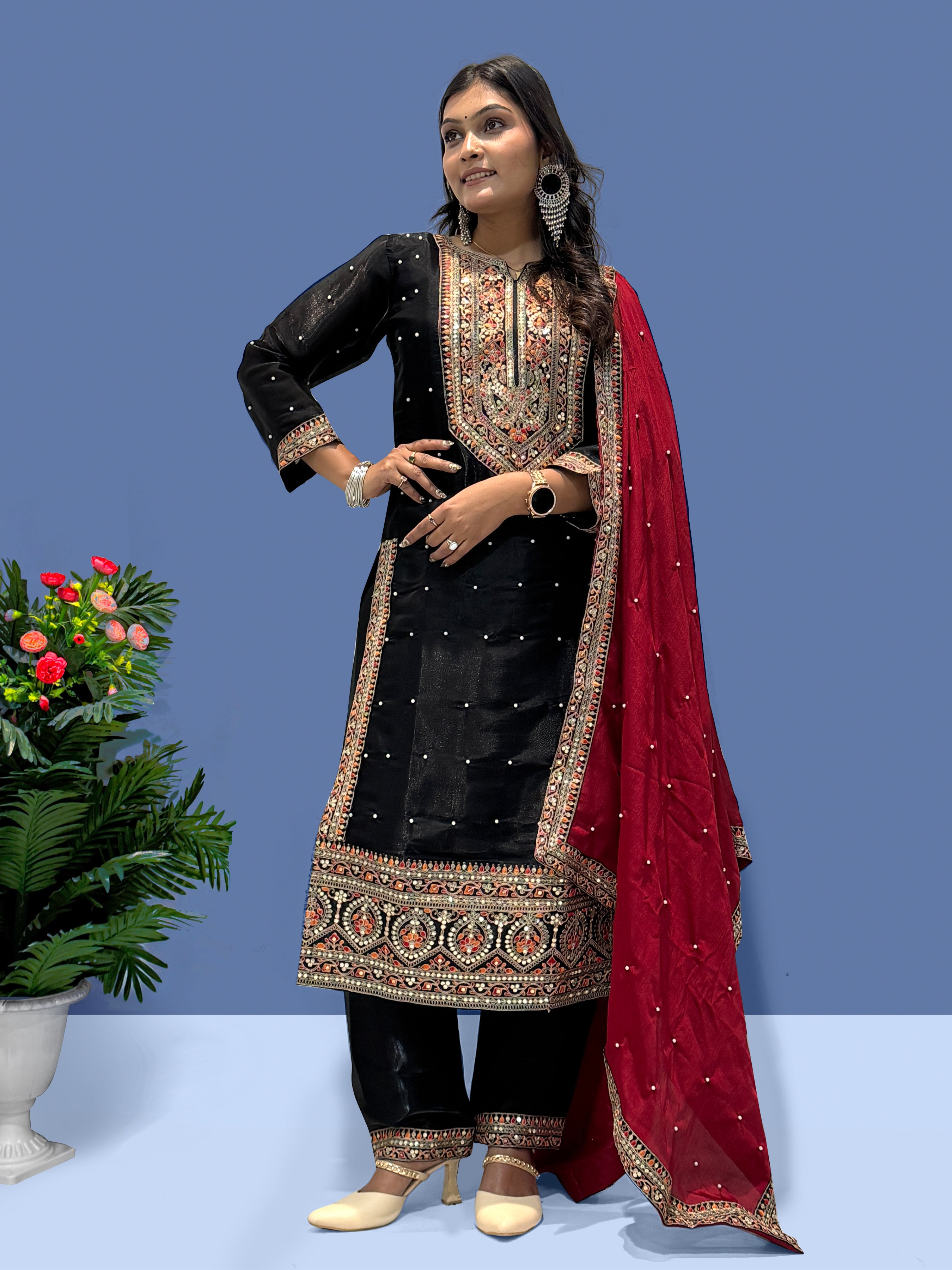 Fancy Top-Bottom And Dupatta With Embroidery Coding Dori-Sequence Work
