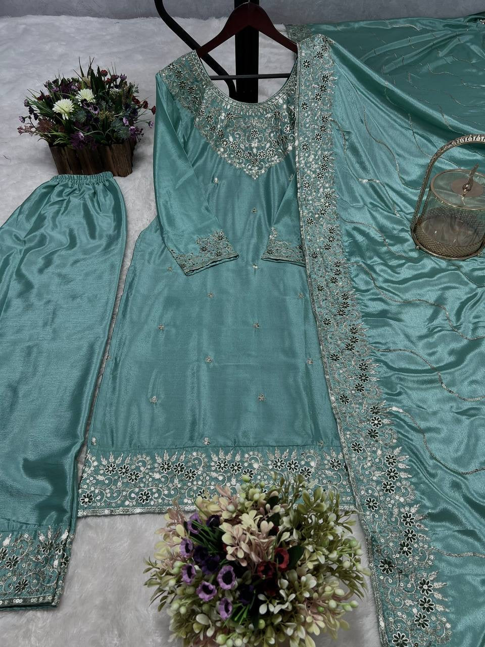 Party Wear Beautiful Kurti Pent And Dupatta With Embroidery Work