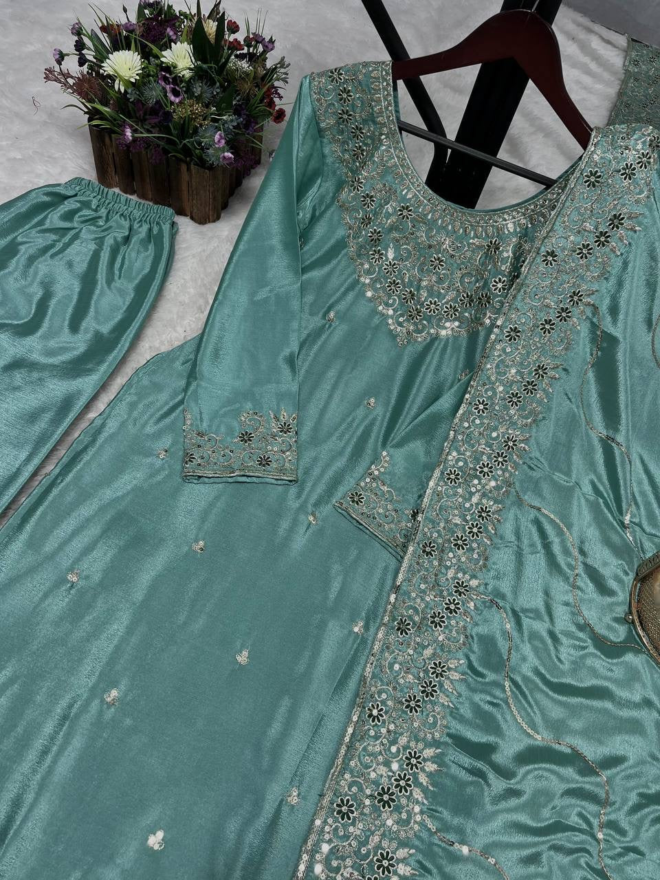 Party Wear Beautiful Kurti Pent And Dupatta With Embroidery Work