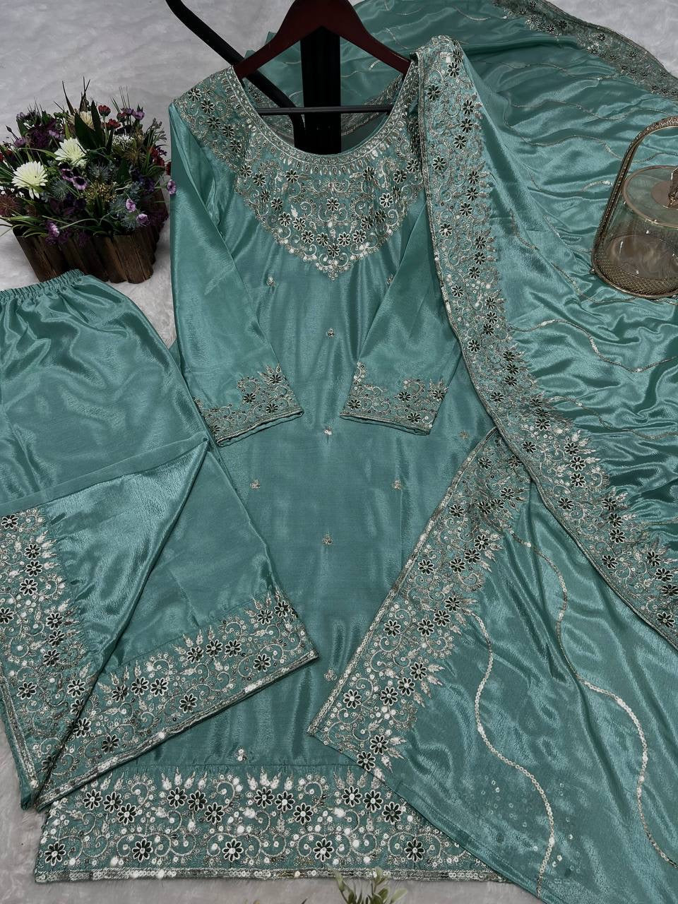Party Wear Beautiful Kurti Pent And Dupatta With Embroidery Work