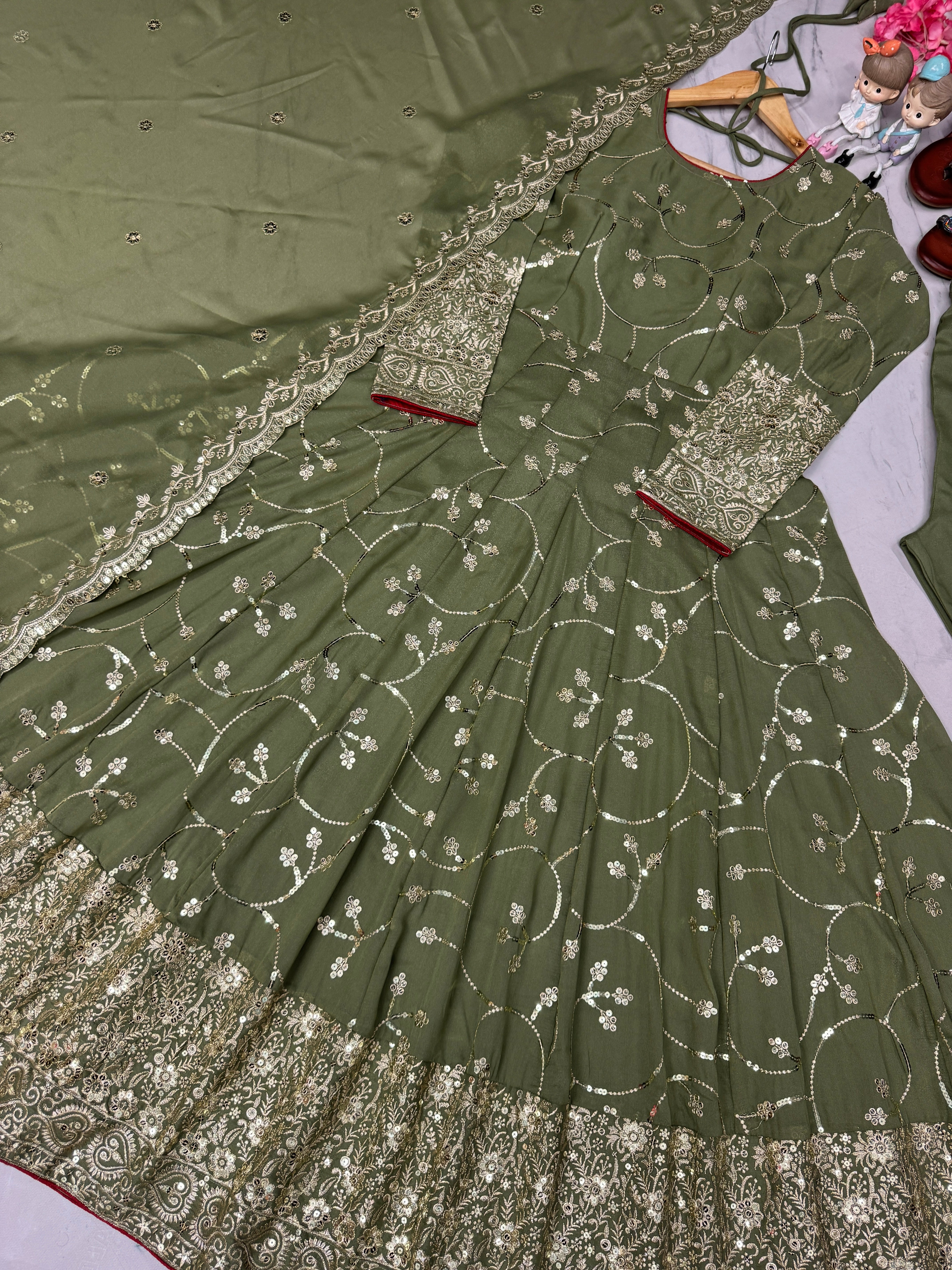 Designer Party Wear Look Fancy Anarkali Gown, Dupatta & Bottom