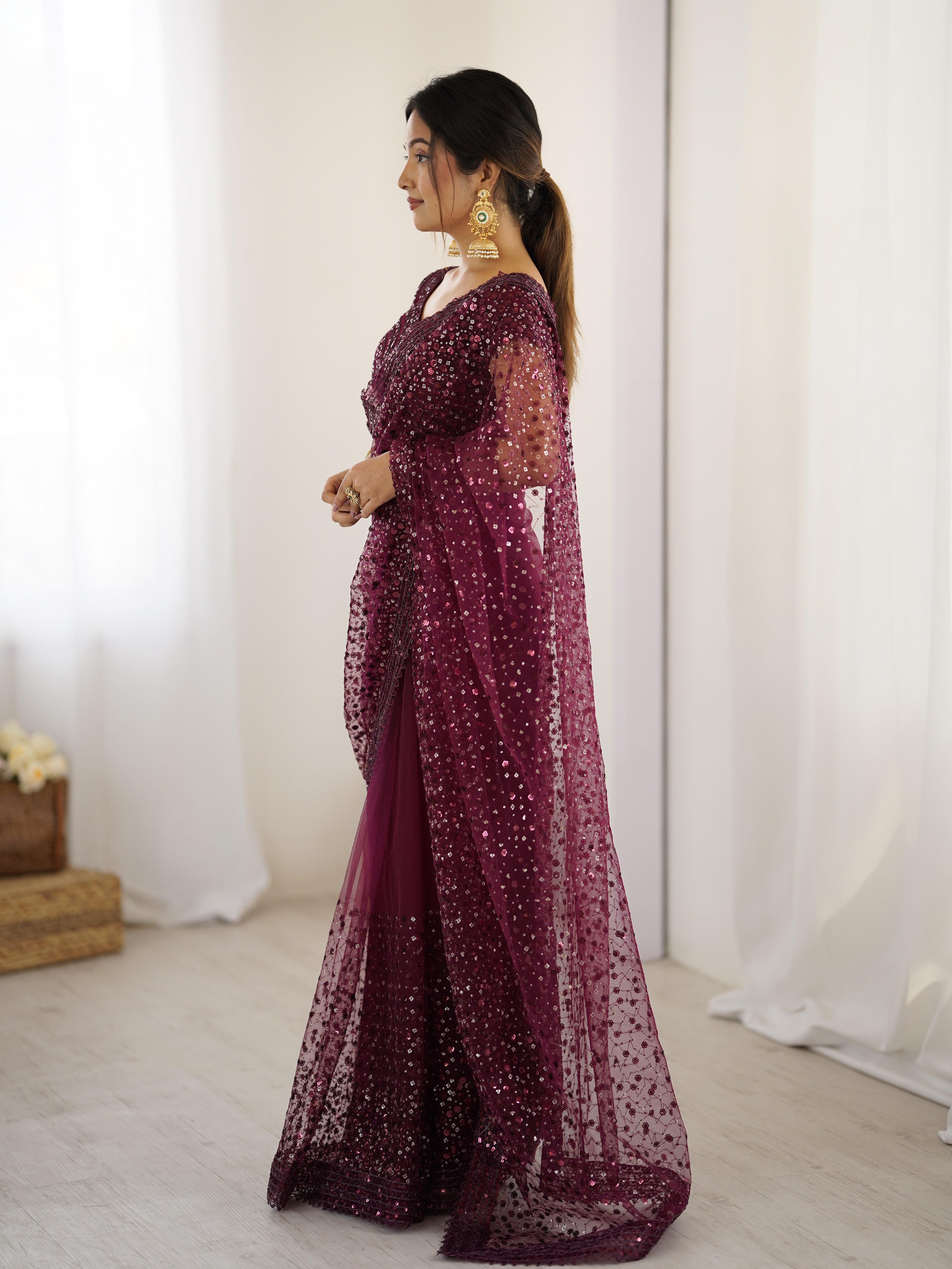 Party Wear Beautiful Saree With Sequins & Dori Work