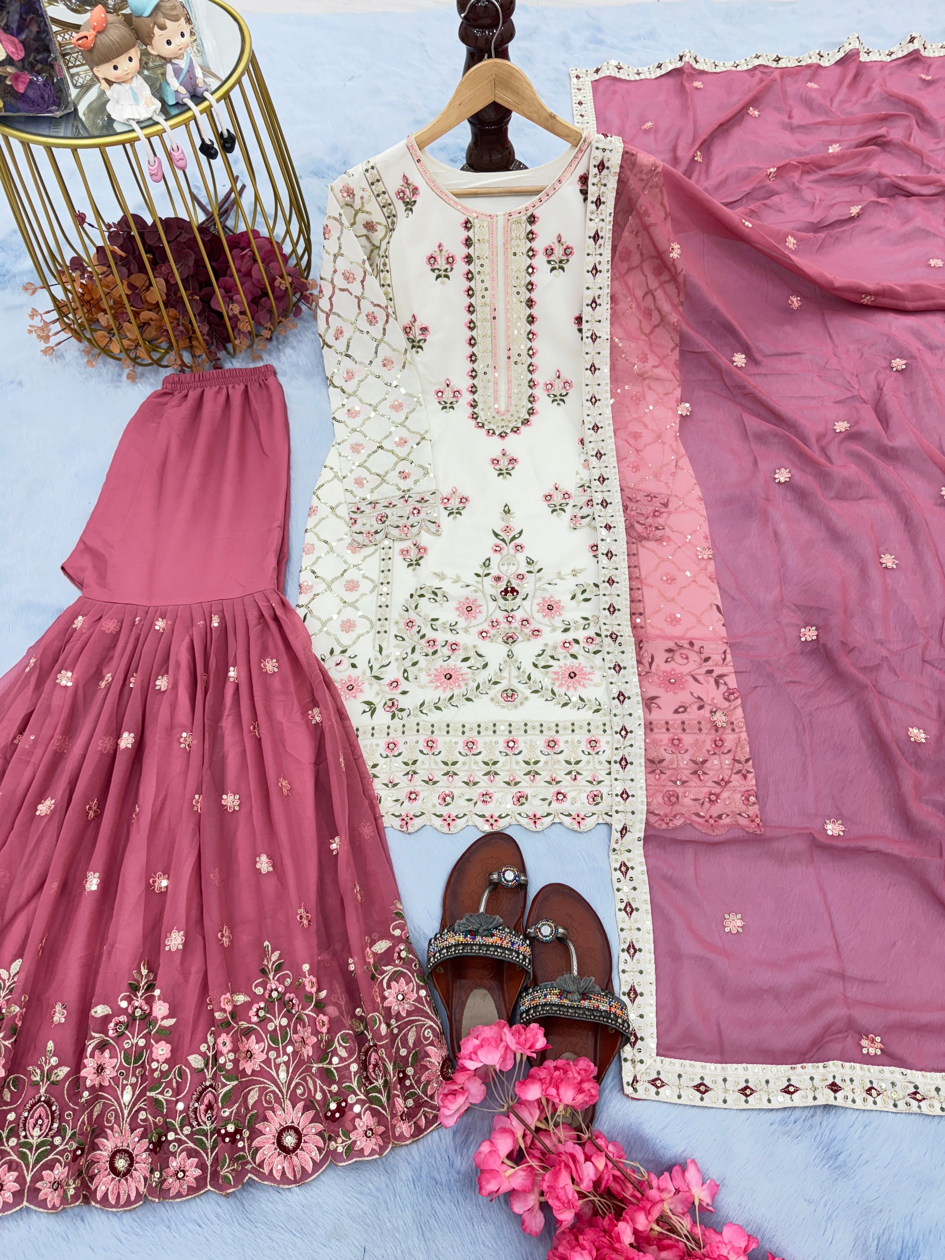 Designer Party Wear Look Top Plazzo & Dupatta Set