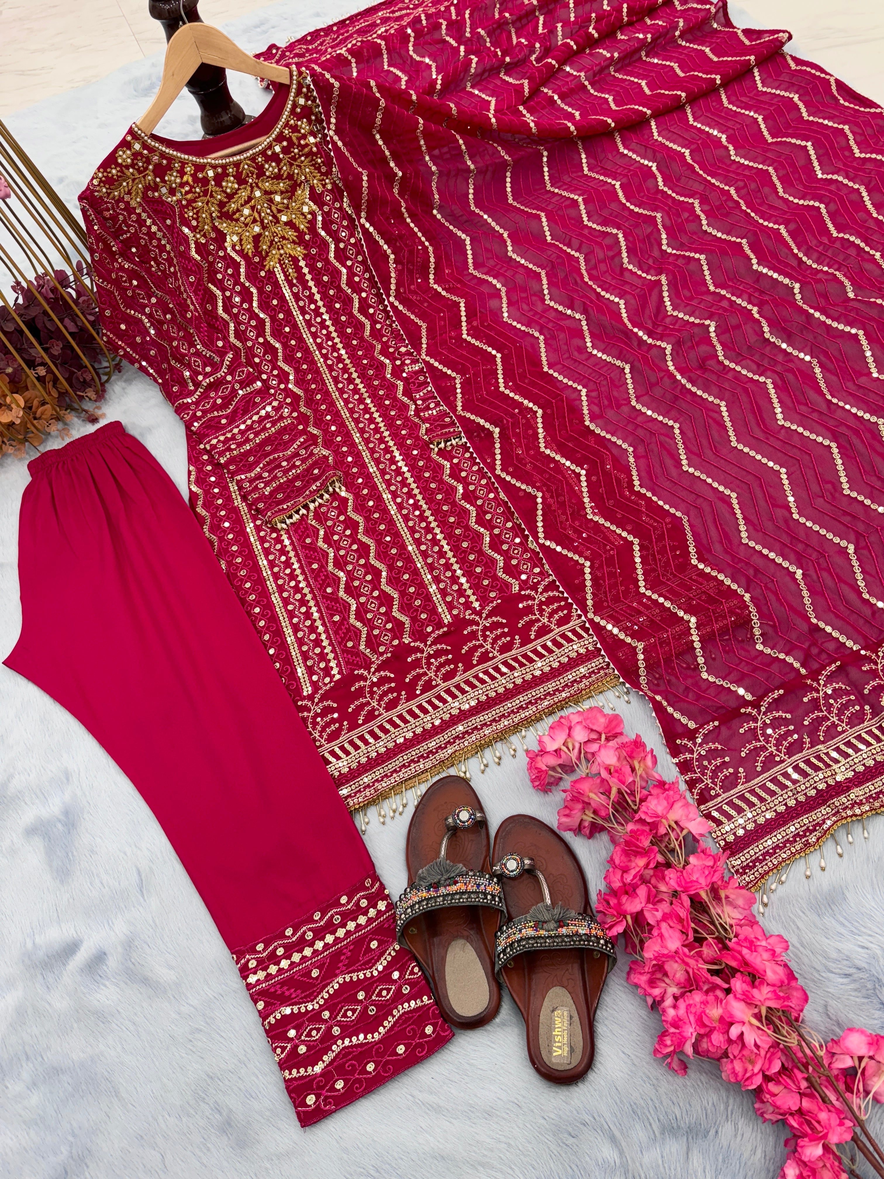 Party Wear Top Bottom & Dupatta With Embroidery Sequence Work