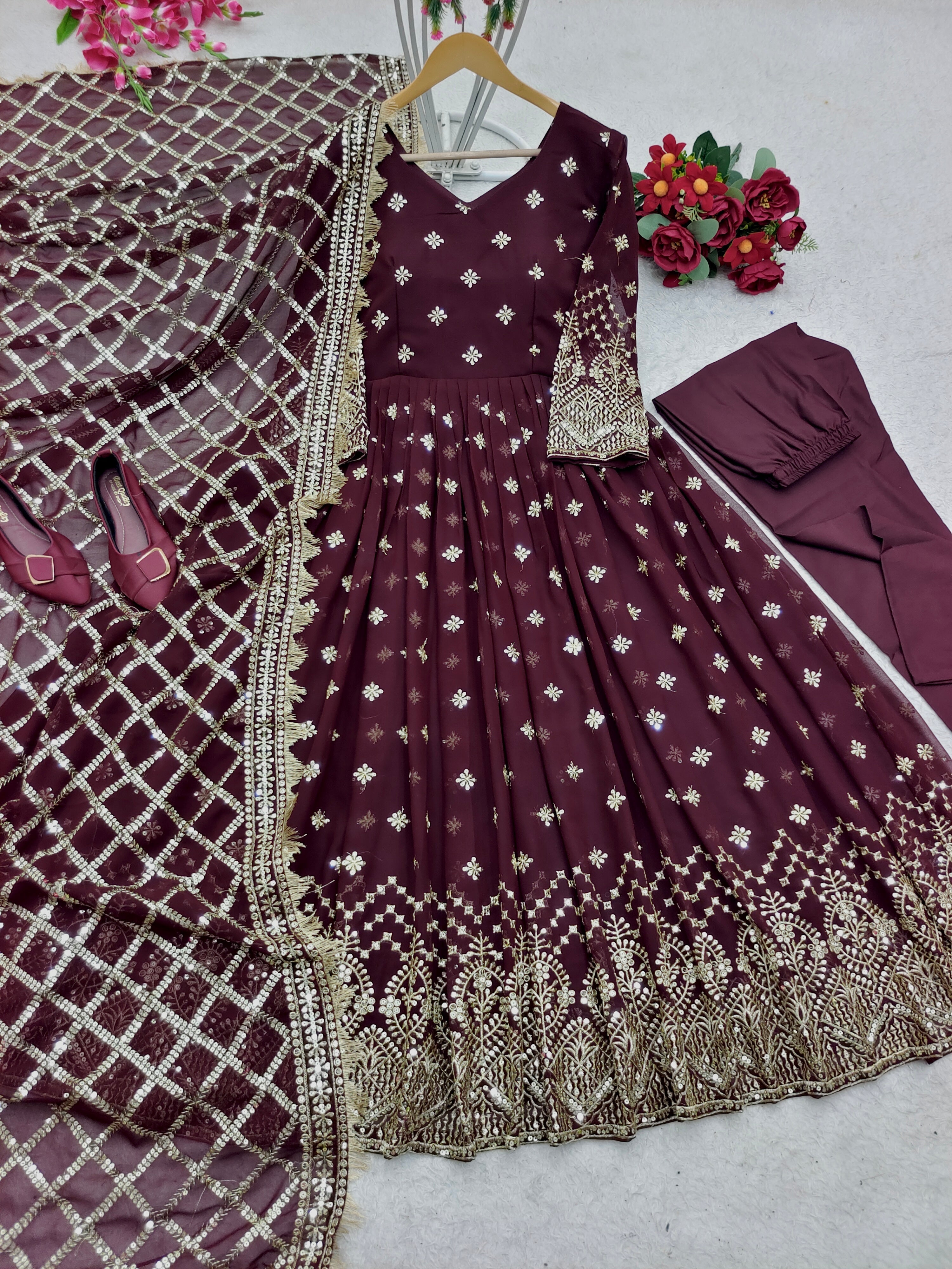 Designer Party Wear Gown With Pent And Dupatta Set