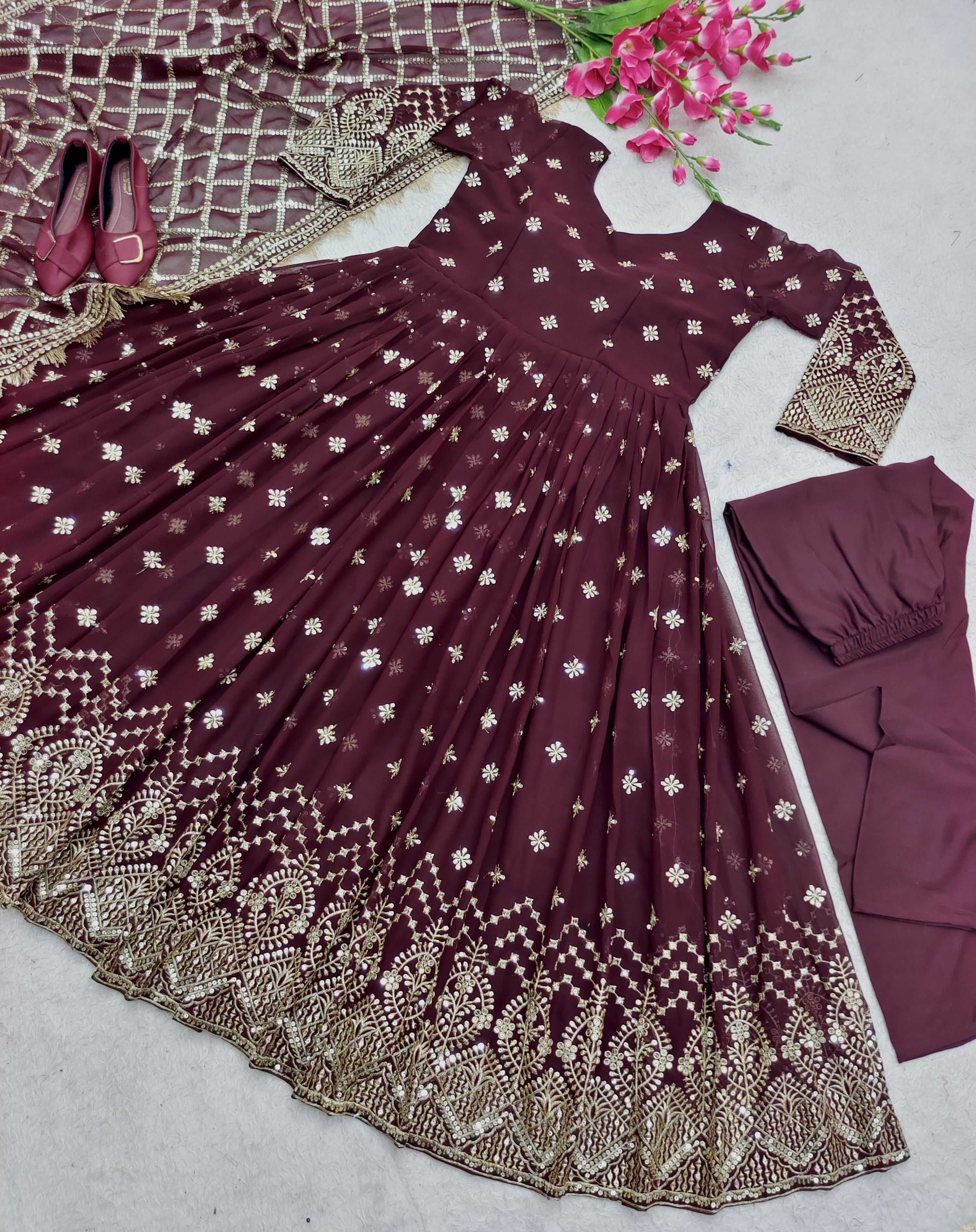 Designer Party Wear Gown With Pent And Dupatta Set