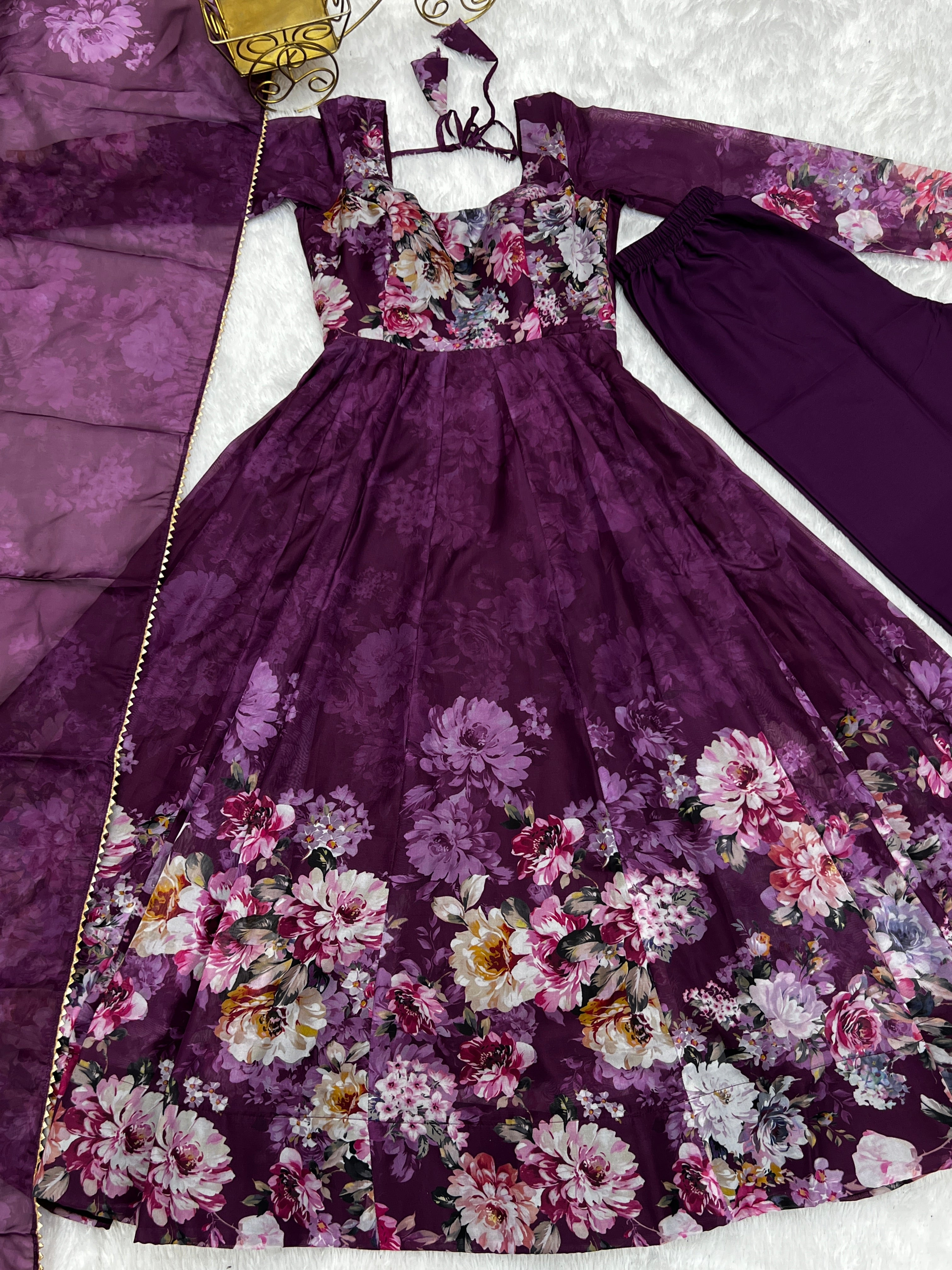 Party Wear Anarkali Gown And Pent With Dupatta With Floral Print