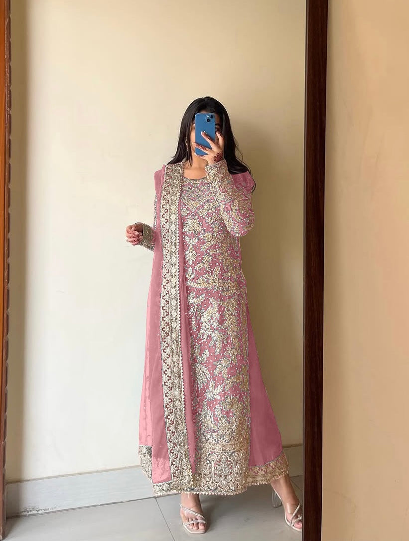 Beautiful Georgette Top-Plazzo And Dupatta With Diamond Handwork